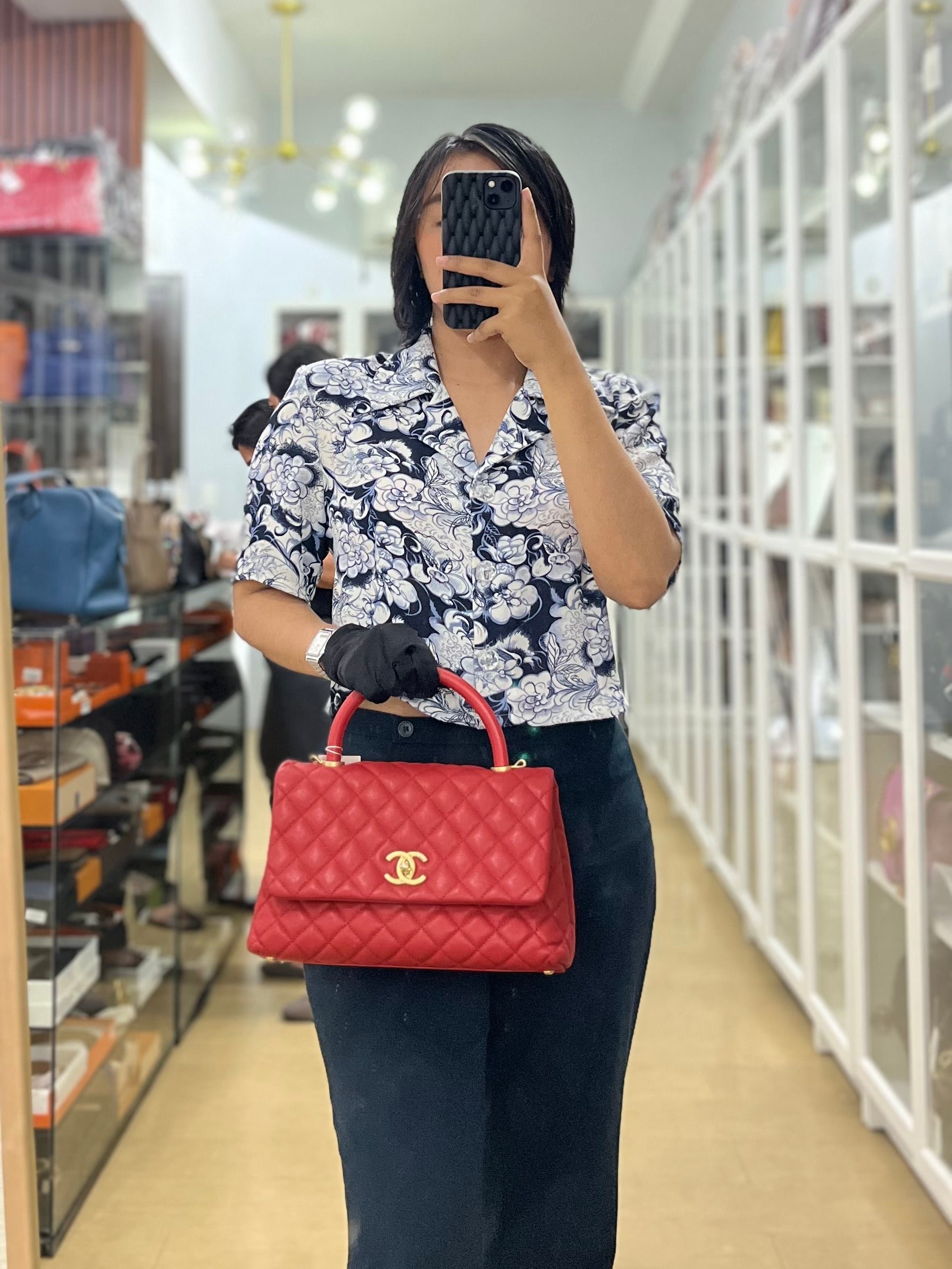 Coco Handle Medium in Red Quilted Caviar Leather Aged Gold Hardware (Series 27) | Purse Maison Luxury Bags Shop