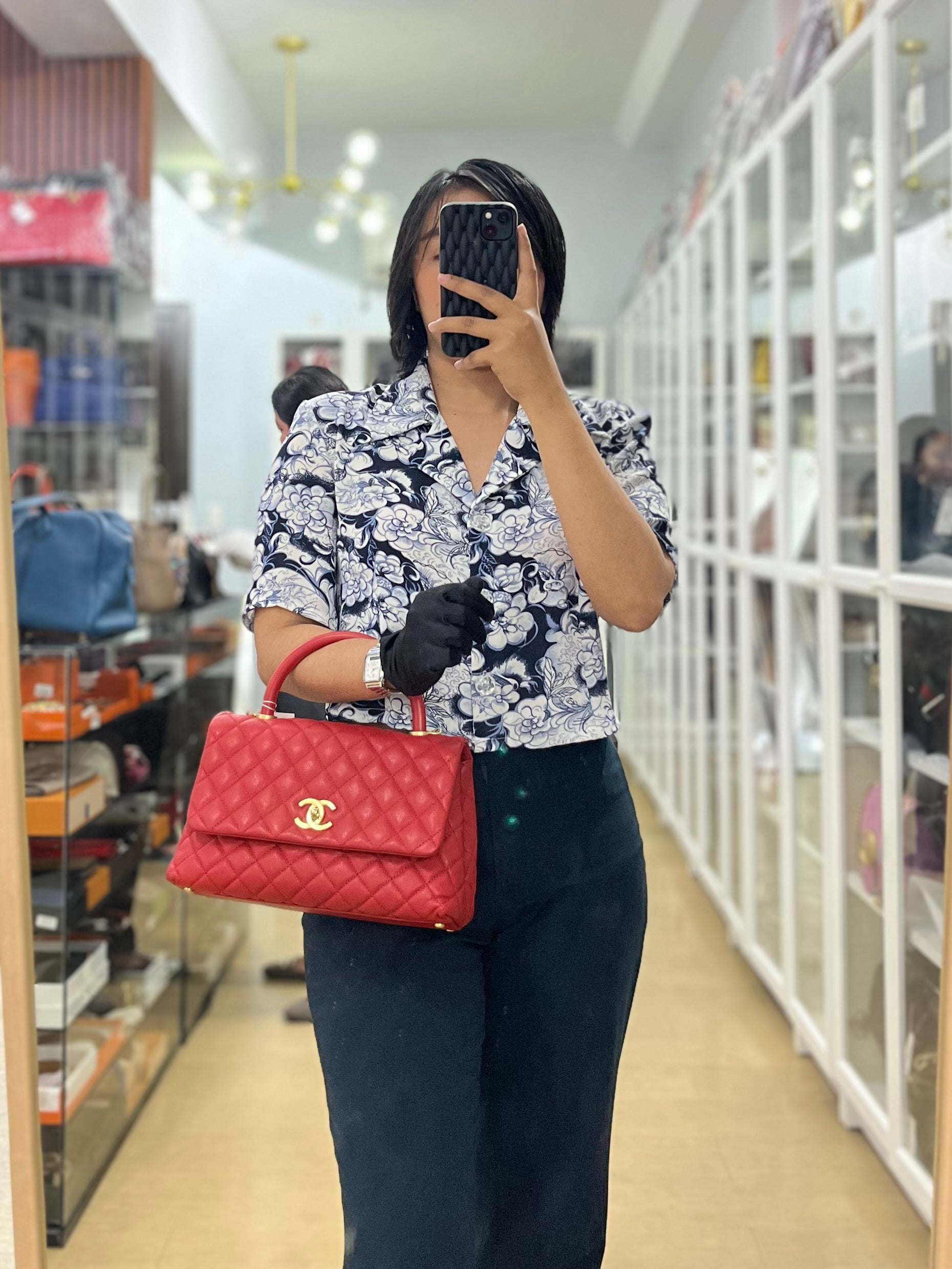 Coco Handle Medium in Red Quilted Caviar Leather Aged Gold Hardware (Series 27) | Purse Maison Luxury Bags Shop