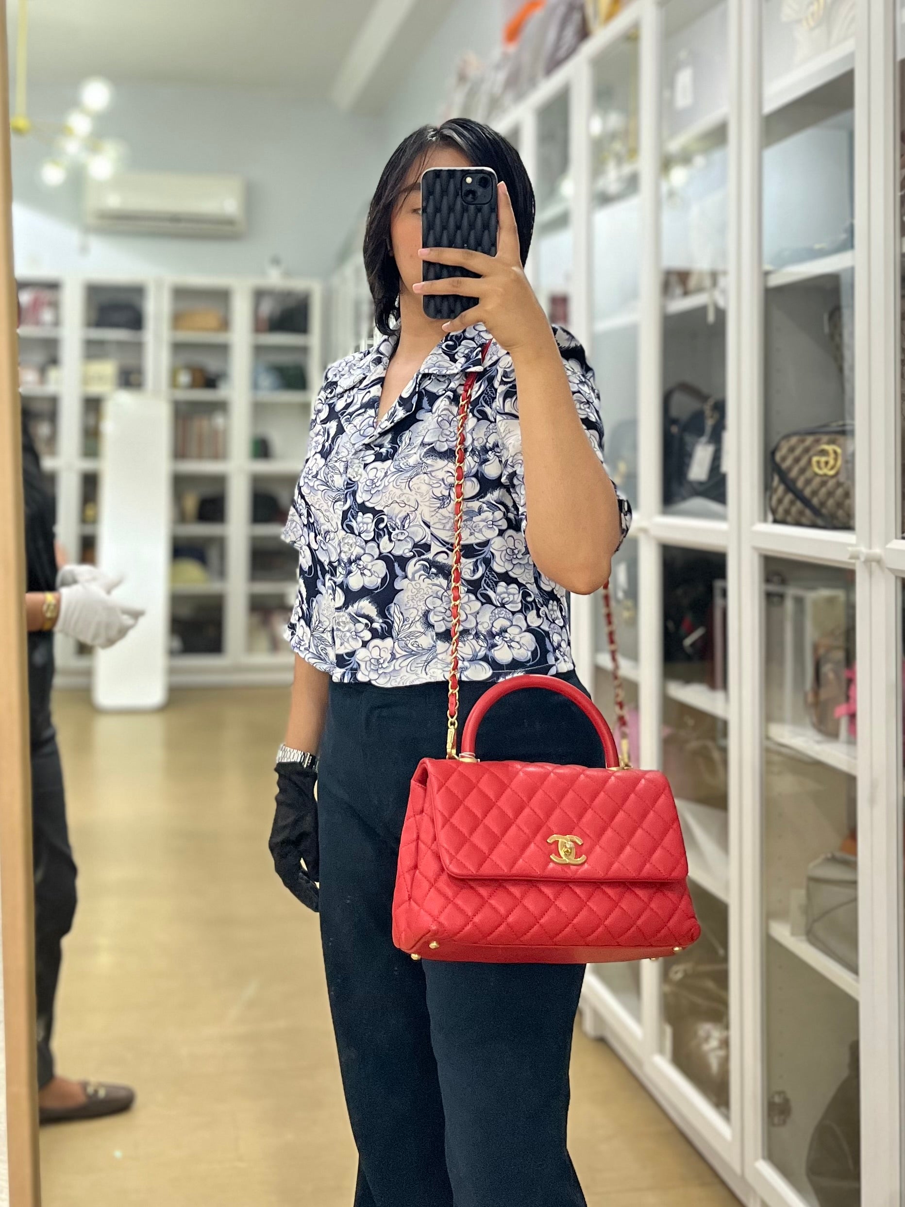 Coco Handle Medium in Red Quilted Caviar Leather Aged Gold Hardware (Series 27) | Purse Maison Luxury Bags Shop