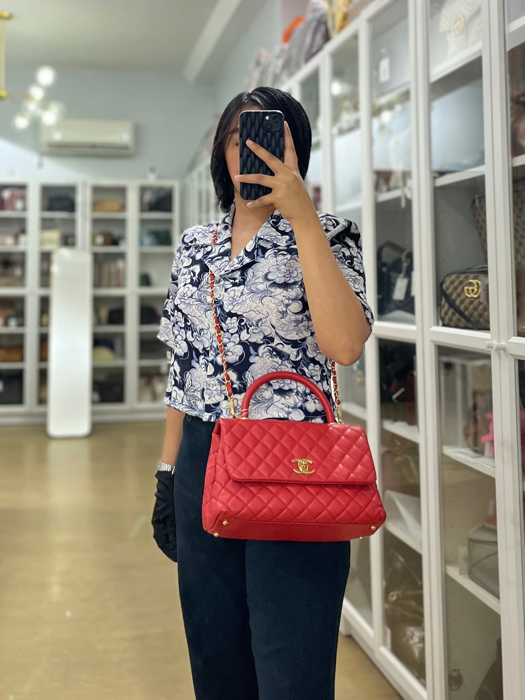 Coco Handle Medium in Red Quilted Caviar Leather Aged Gold Hardware (Series 27) | Purse Maison Luxury Bags Shop