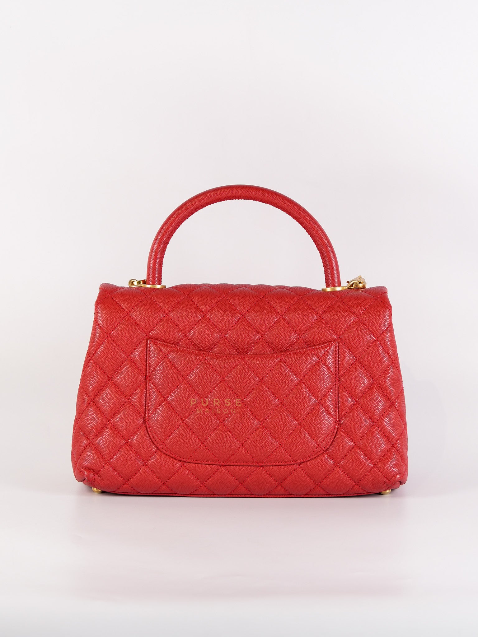 Coco Handle Medium in Red Quilted Caviar Leather Aged Gold Hardware (Series 27) | Purse Maison Luxury Bags Shop
