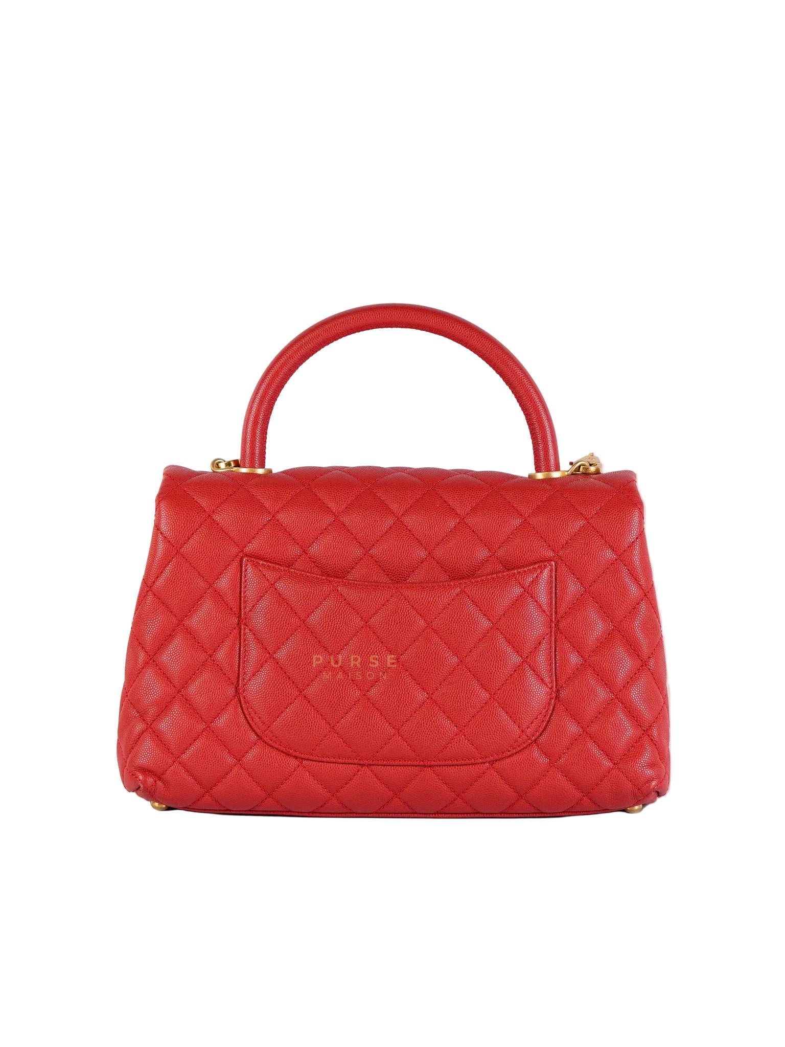 Coco Handle Medium in Red Quilted Caviar Leather Aged Gold Hardware (Series 27) | Purse Maison Luxury Bags Shop