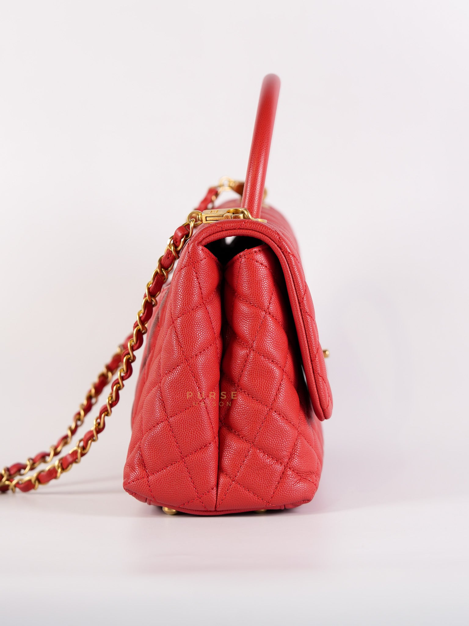 Coco Handle Medium in Red Quilted Caviar Leather Aged Gold Hardware (Series 27) | Purse Maison Luxury Bags Shop