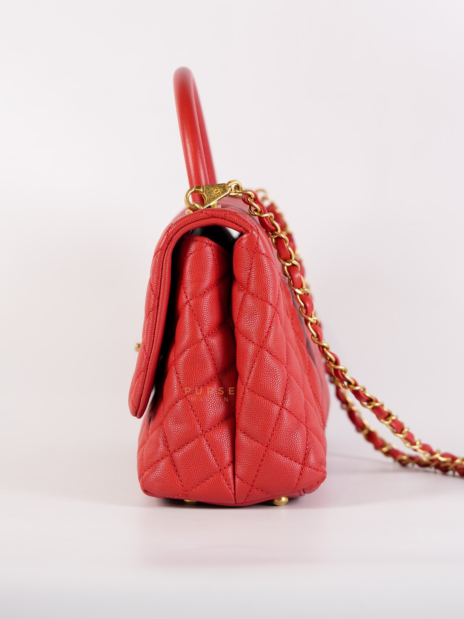 Coco Handle Medium in Red Quilted Caviar Leather Aged Gold Hardware (Series 27) | Purse Maison Luxury Bags Shop