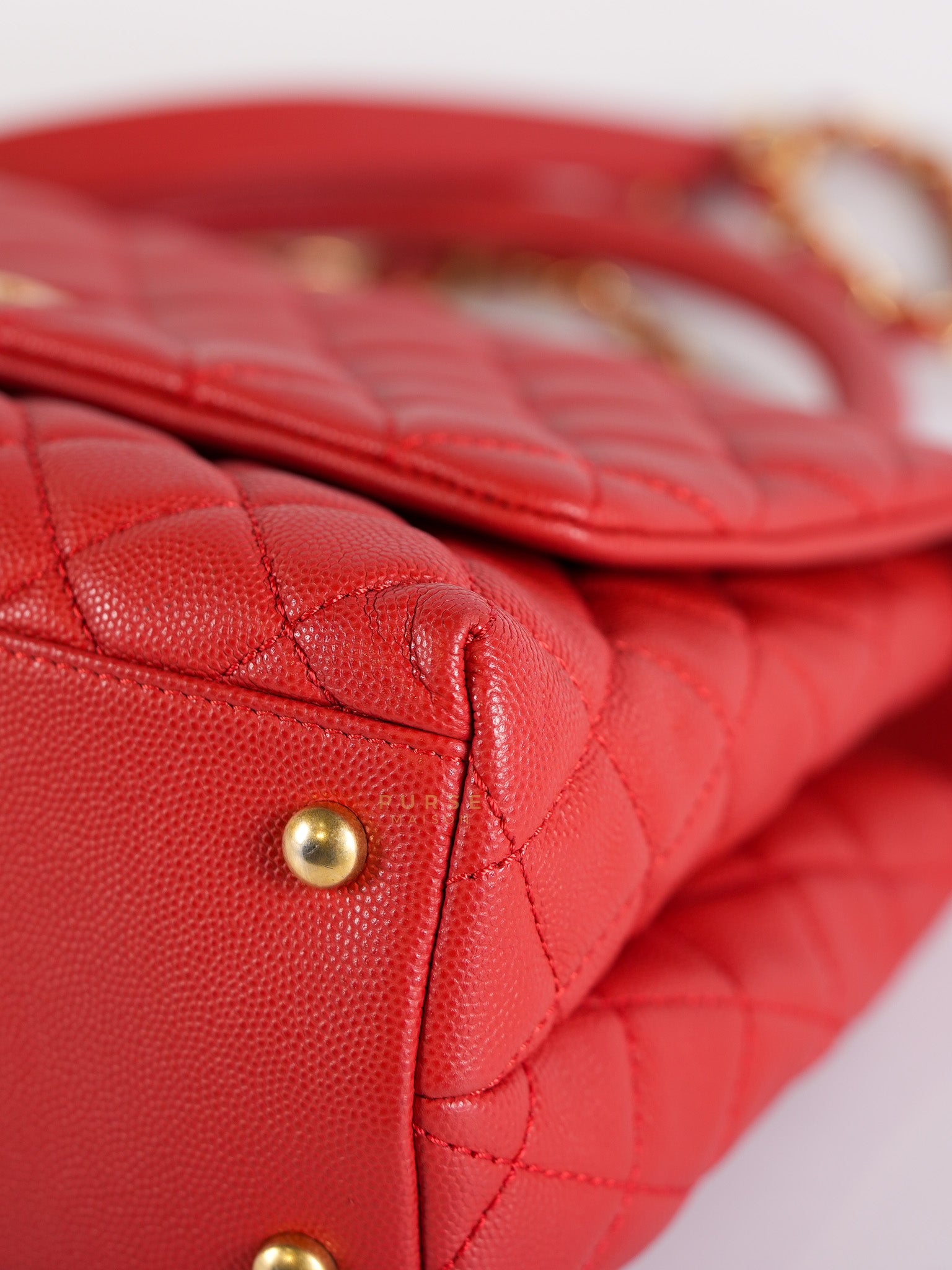 Coco Handle Medium in Red Quilted Caviar Leather Aged Gold Hardware (Series 27) | Purse Maison Luxury Bags Shop