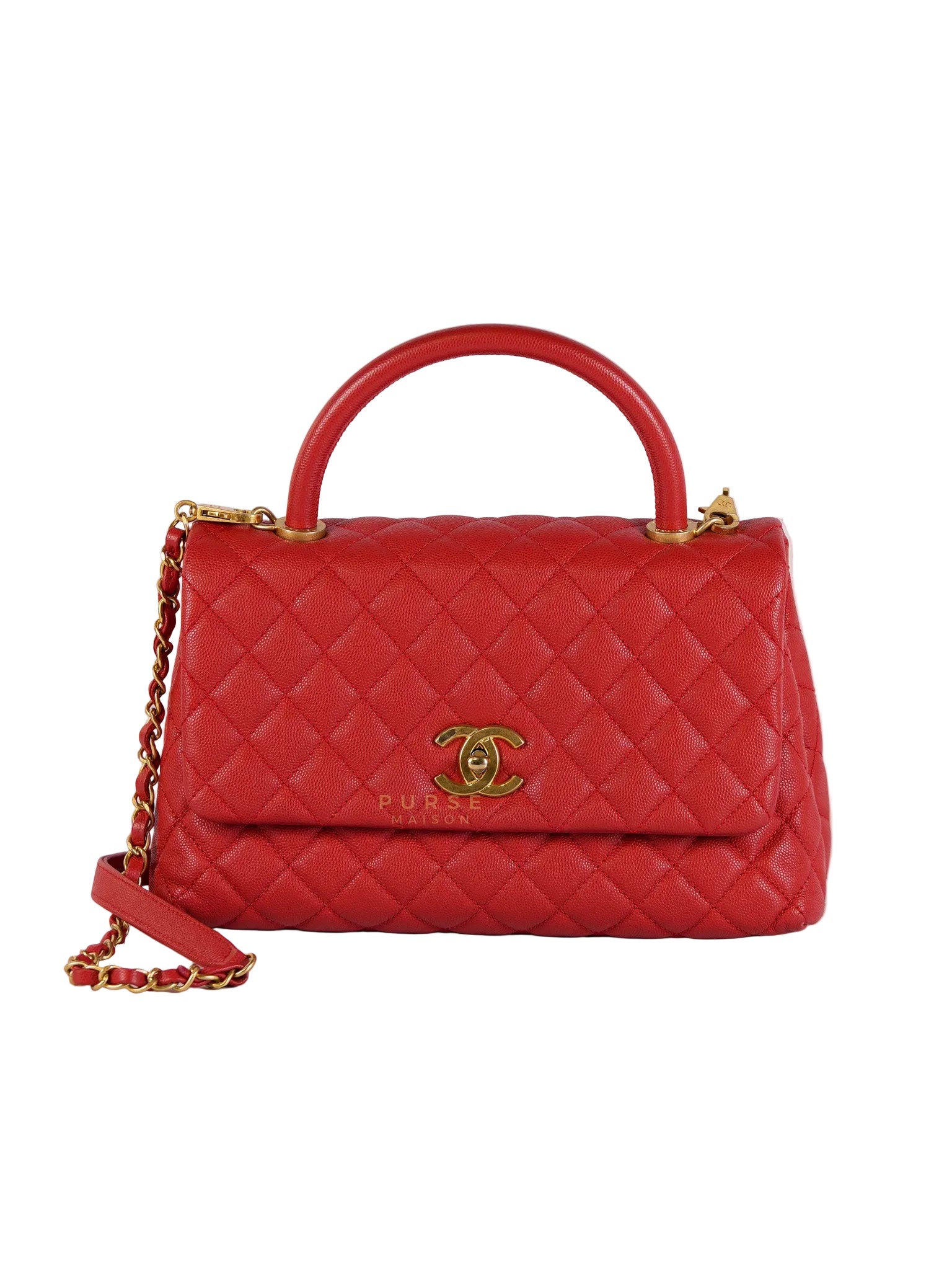 Coco Handle Medium in Red Quilted Caviar Leather Aged Gold Hardware (Series 27) | Purse Maison Luxury Bags Shop