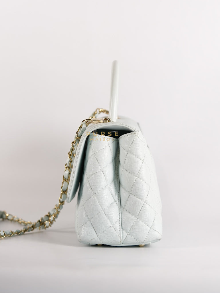 Coco Handle Medium in Tiffany Caviar Leather and Light Gold Hardware (Microchip) | Purse Maison Luxury Bags Shop