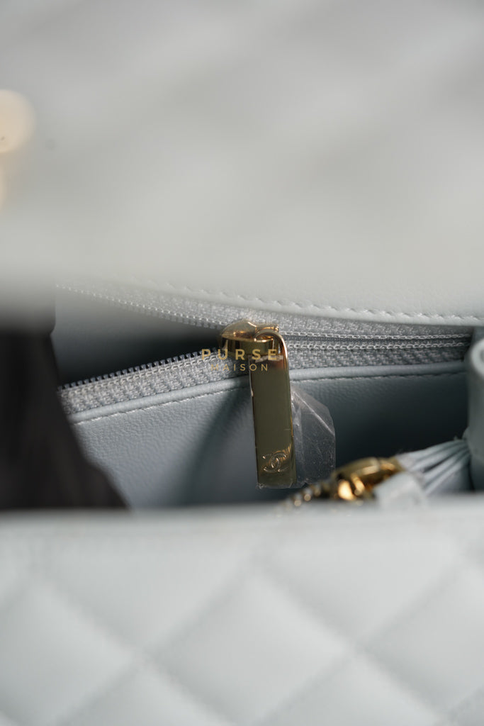 Coco Handle Medium in Tiffany Caviar Leather and Light Gold Hardware (Microchip) | Purse Maison Luxury Bags Shop