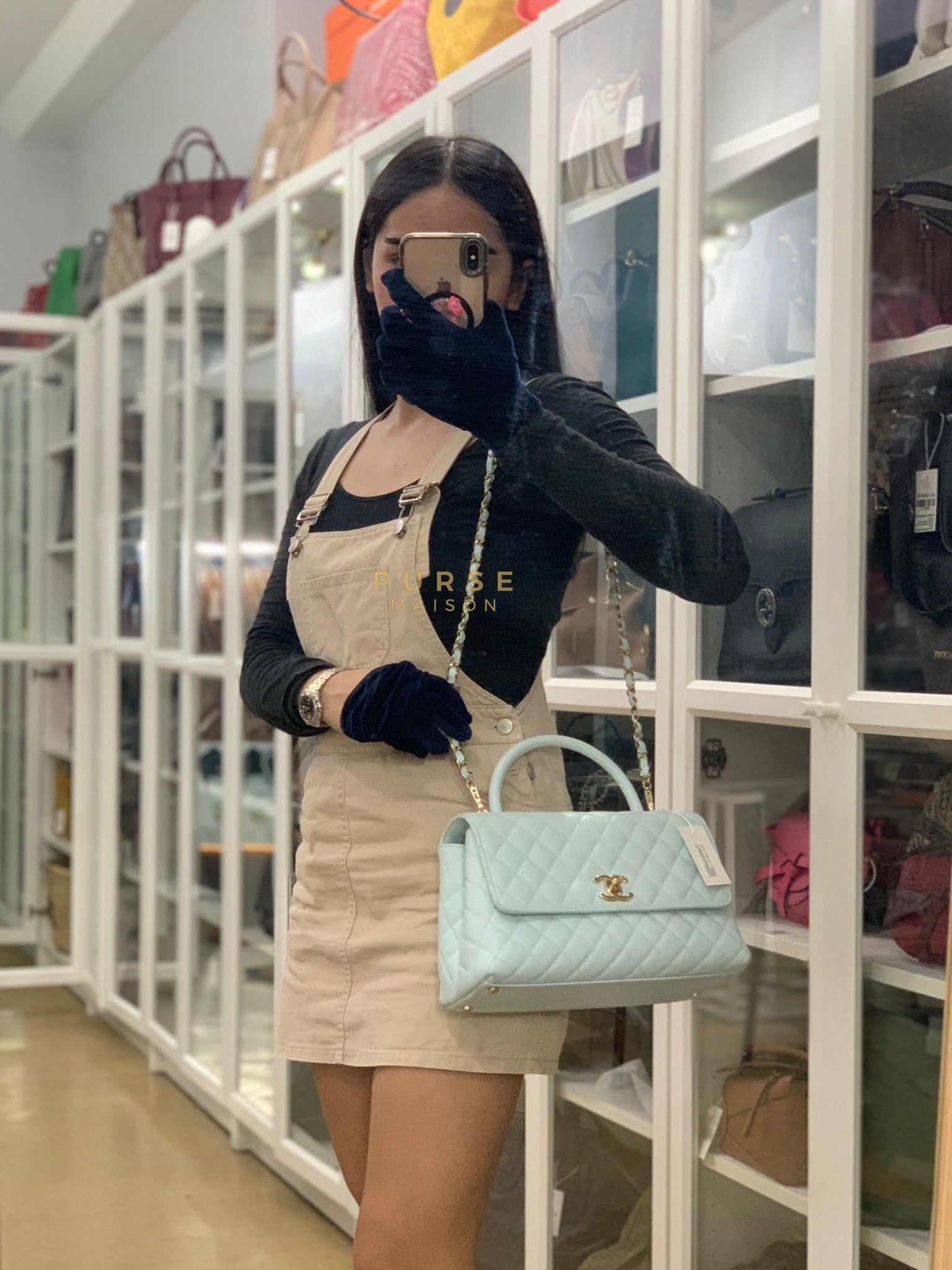 Coco Handle Medium in Tiffany Caviar Leather and Light Gold Hardware (Microchip) | Purse Maison Luxury Bags Shop