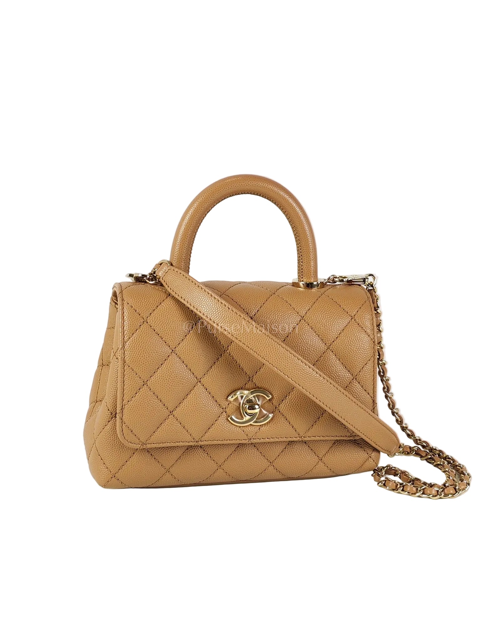 Coco Handle Mini in Dark Beige Caviar Leather Light Gold Hardware(Microchip) | Purse Maison Luxury Bags Shop