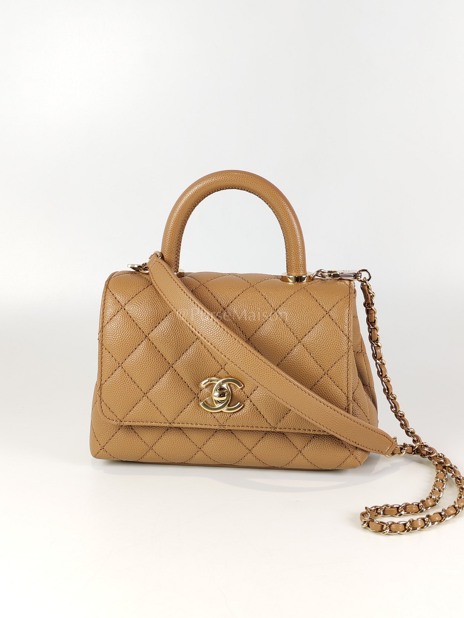 Coco Handle Mini in Dark Beige Caviar Leather Light Gold Hardware(Microchip) | Purse Maison Luxury Bags Shop