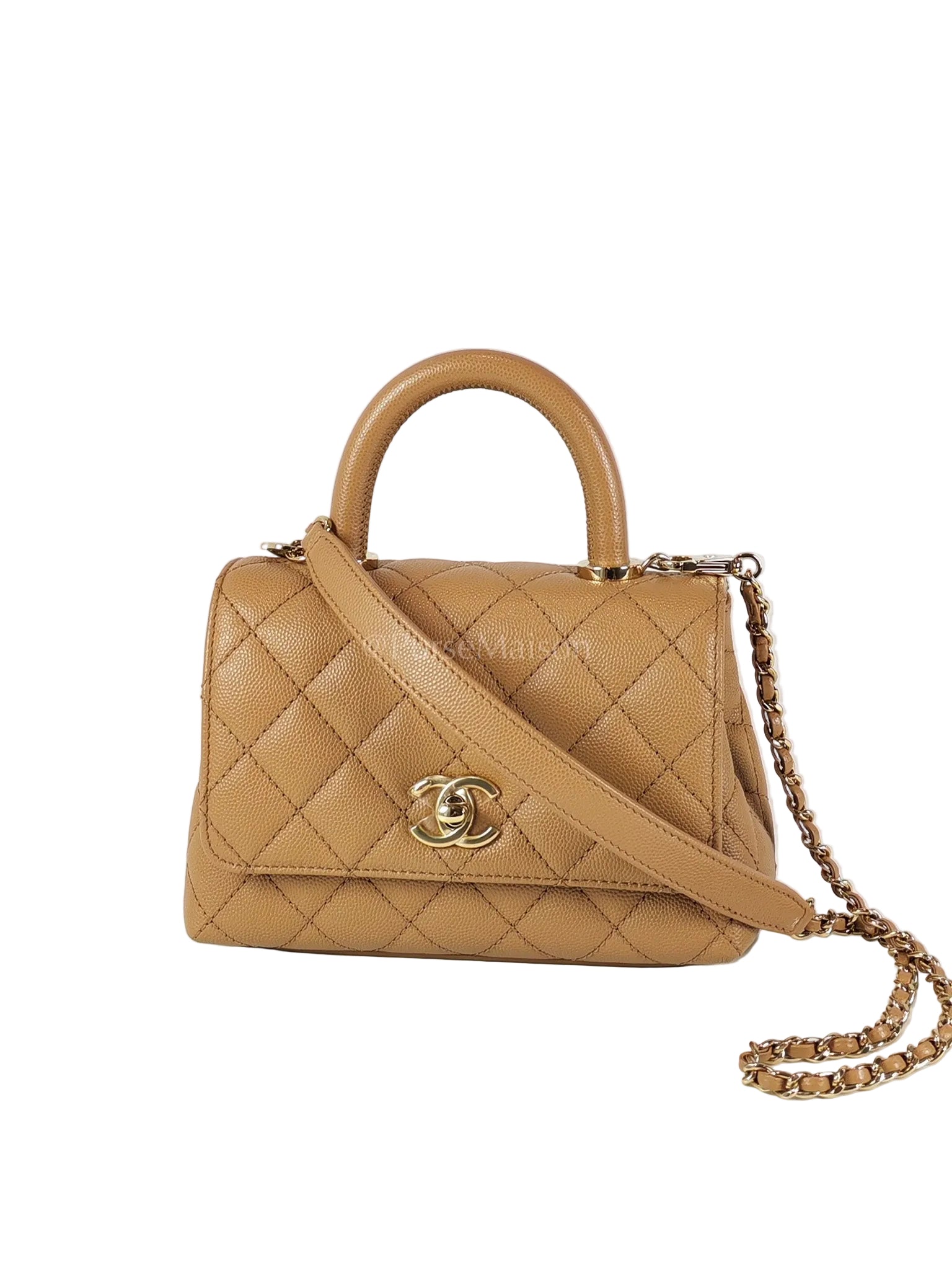 Coco Handle Mini in Dark Beige Caviar Leather Light Gold Hardware(Microchip) | Purse Maison Luxury Bags Shop