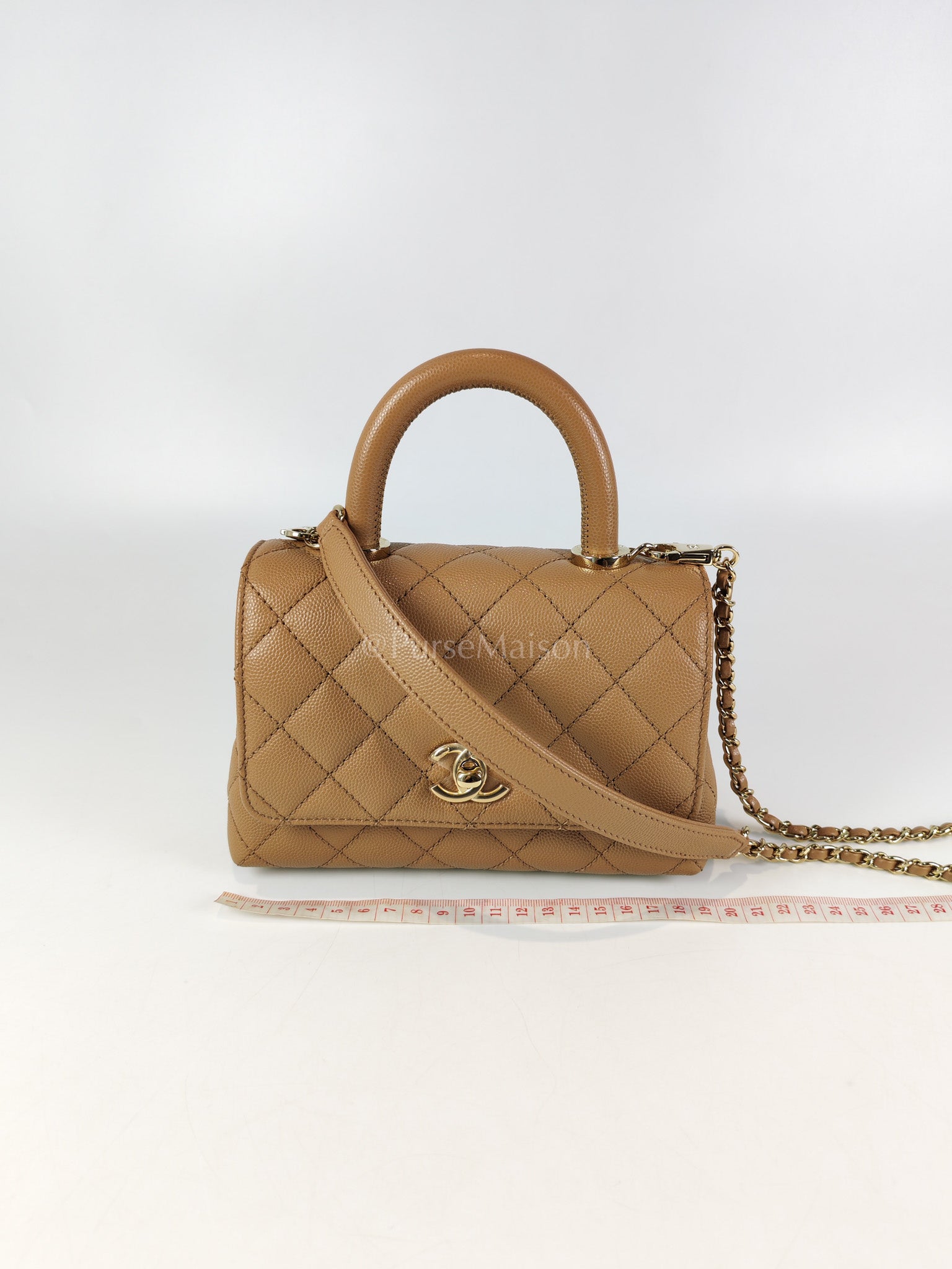 Coco Handle Mini in Dark Beige Caviar Leather Light Gold Hardware(Microchip) | Purse Maison Luxury Bags Shop