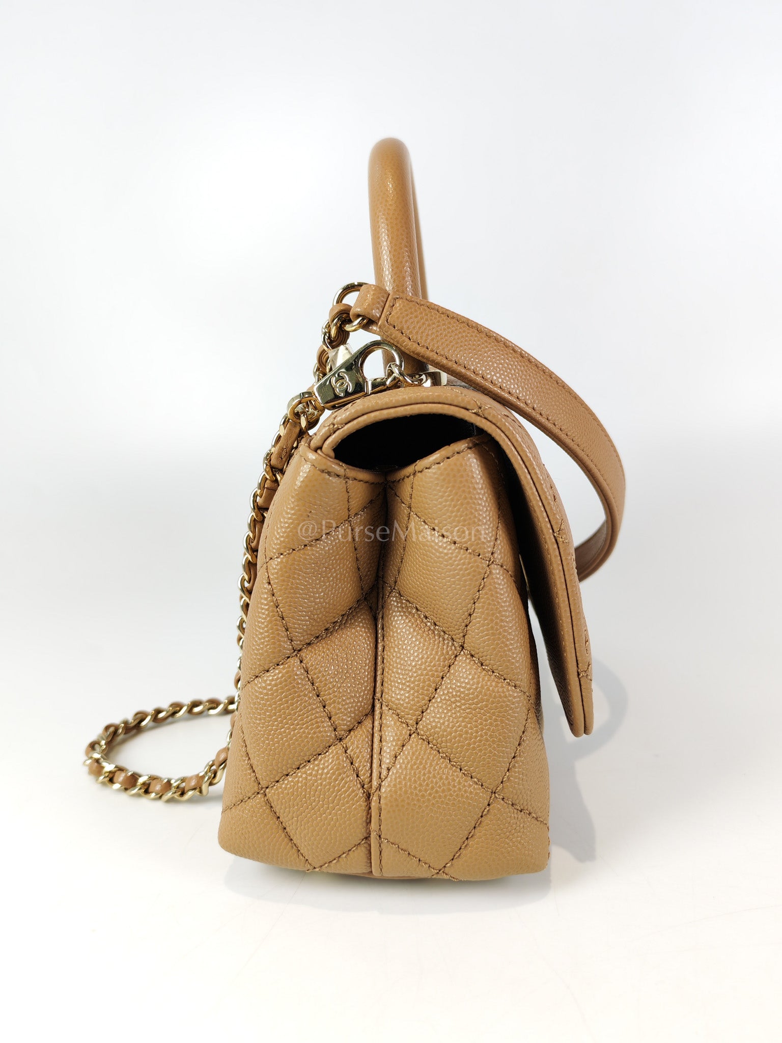 Coco Handle Mini in Dark Beige Caviar Leather Light Gold Hardware(Microchip) | Purse Maison Luxury Bags Shop