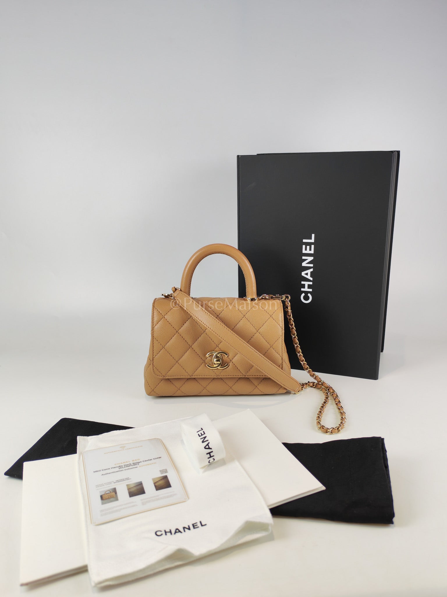 Coco Handle Mini in Dark Beige Caviar Leather Light Gold Hardware(Microchip) | Purse Maison Luxury Bags Shop