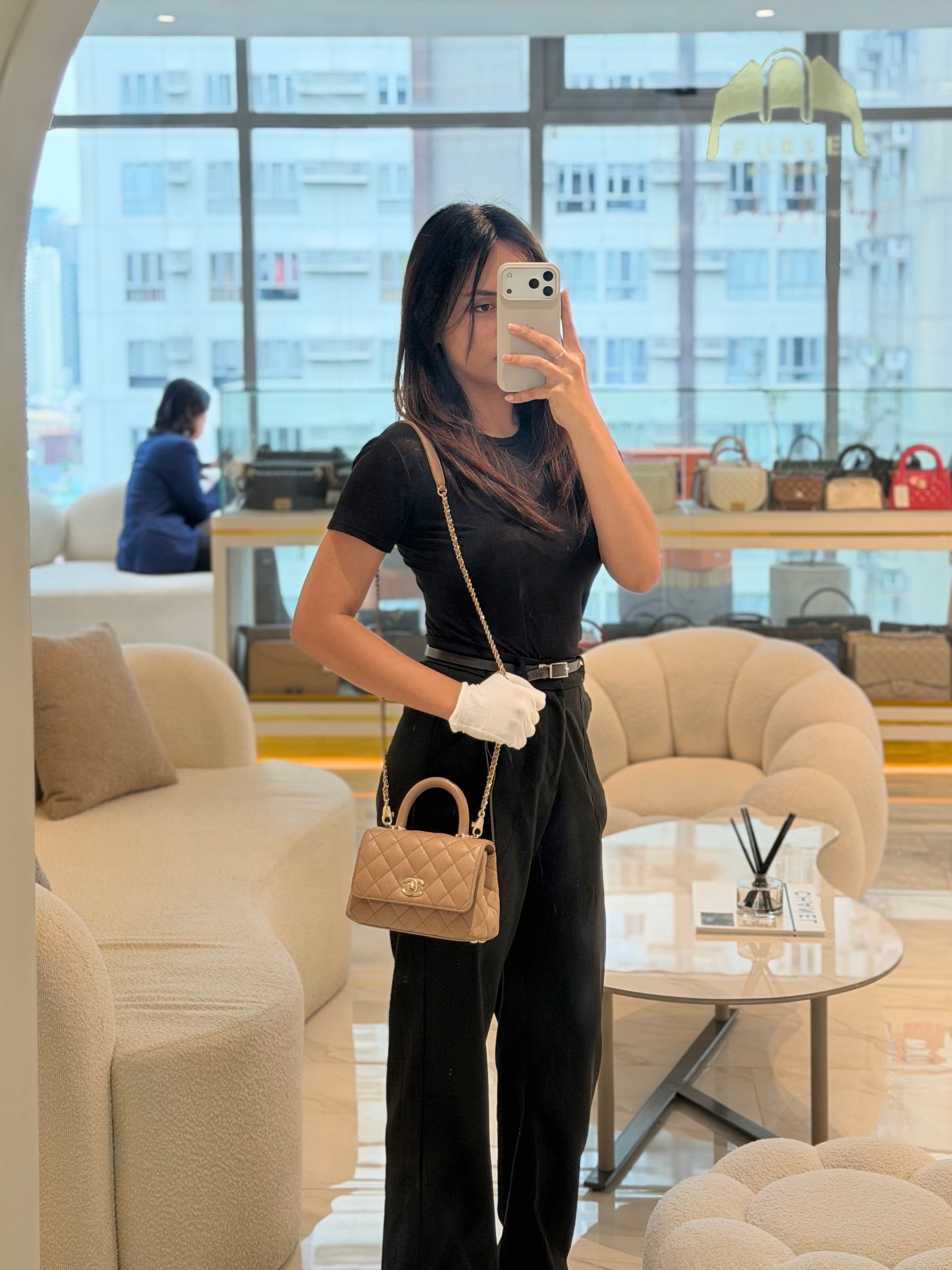 Coco Handle Mini in Dark Beige Caviar Leather Light Gold Hardware(Microchip) | Purse Maison Luxury Bags Shop