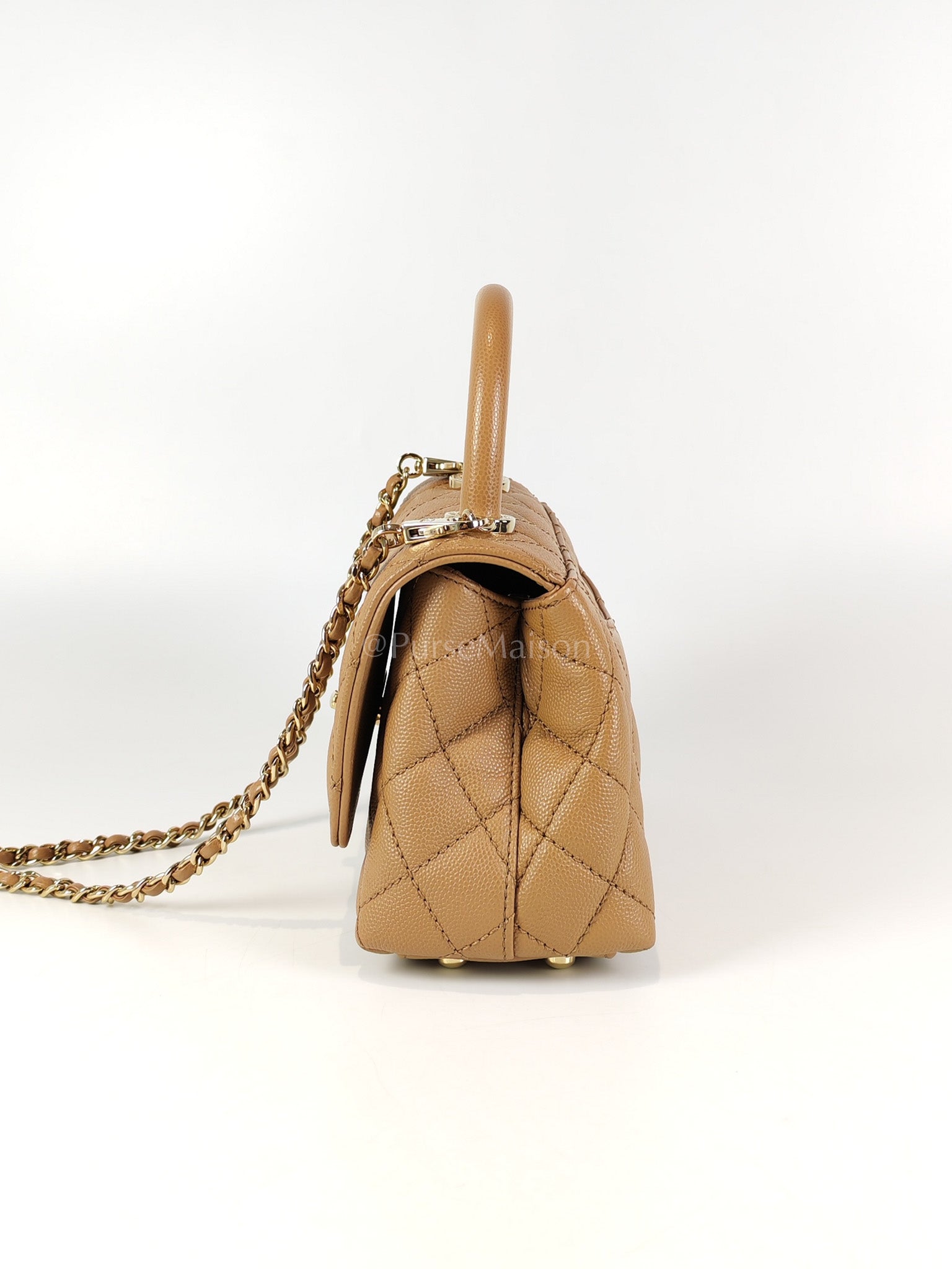 Coco Handle Mini in Dark Beige Caviar Leather Light Gold Hardware(Microchip) | Purse Maison Luxury Bags Shop