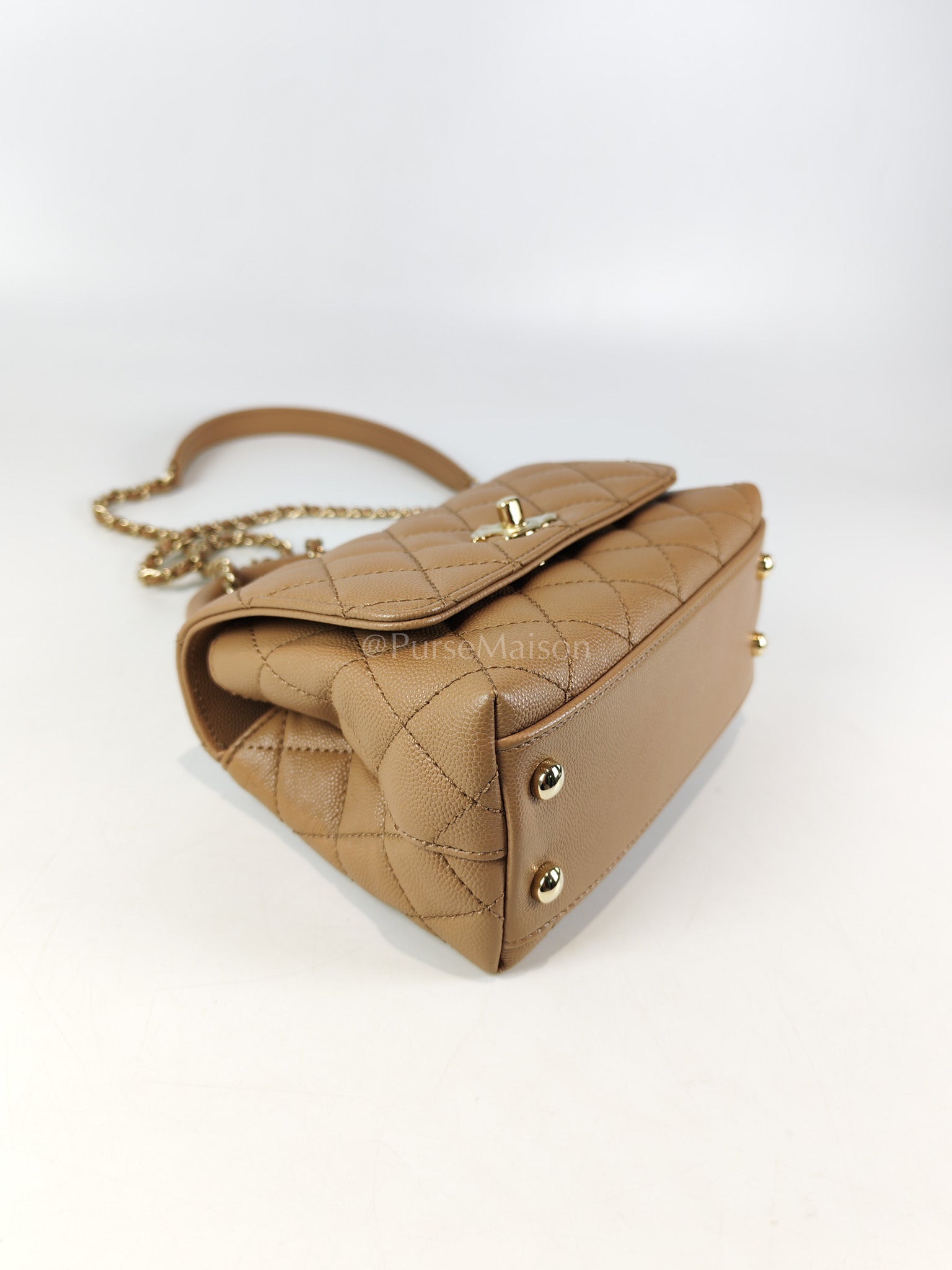 Coco Handle Mini in Dark Beige Caviar Leather Light Gold Hardware(Microchip) | Purse Maison Luxury Bags Shop