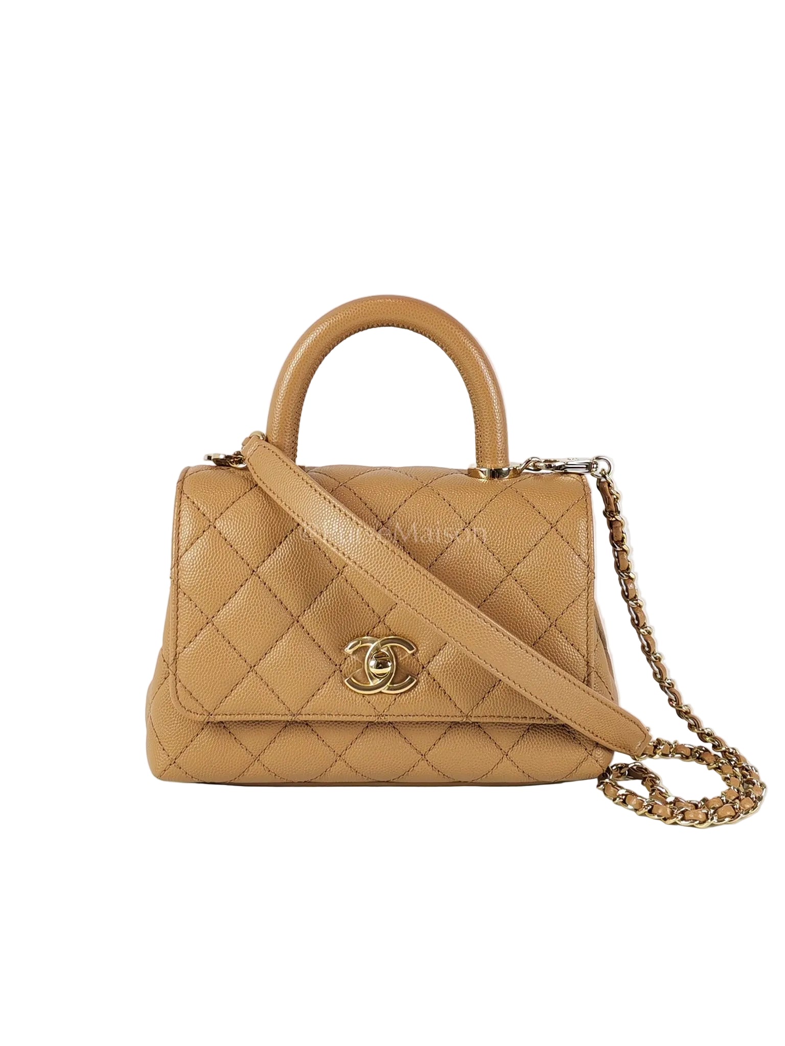 Coco Handle Mini in Dark Beige Caviar Leather Light Gold Hardware(Microchip) | Purse Maison Luxury Bags Shop