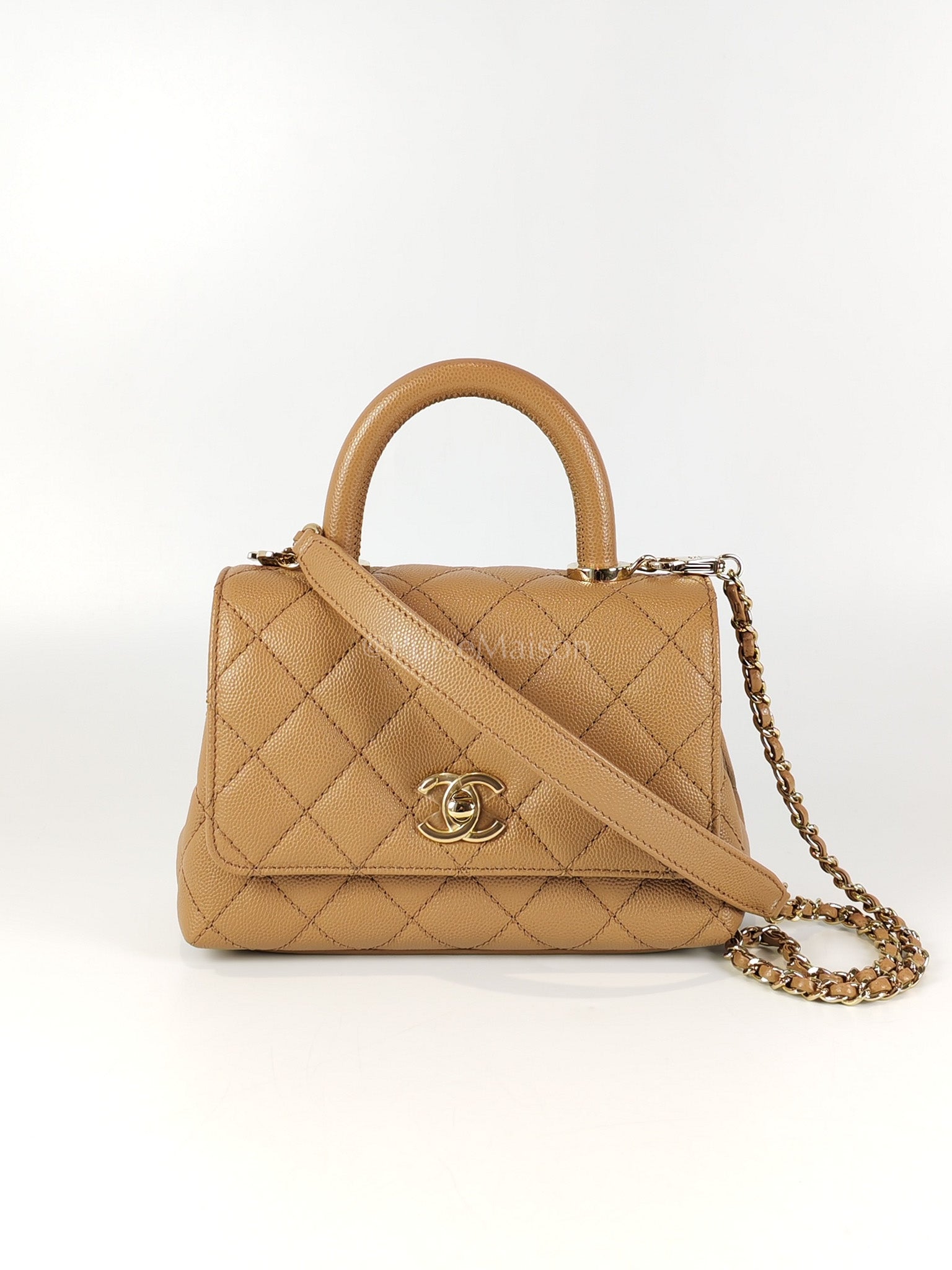 Coco Handle Mini in Dark Beige Caviar Leather Light Gold Hardware(Microchip) | Purse Maison Luxury Bags Shop