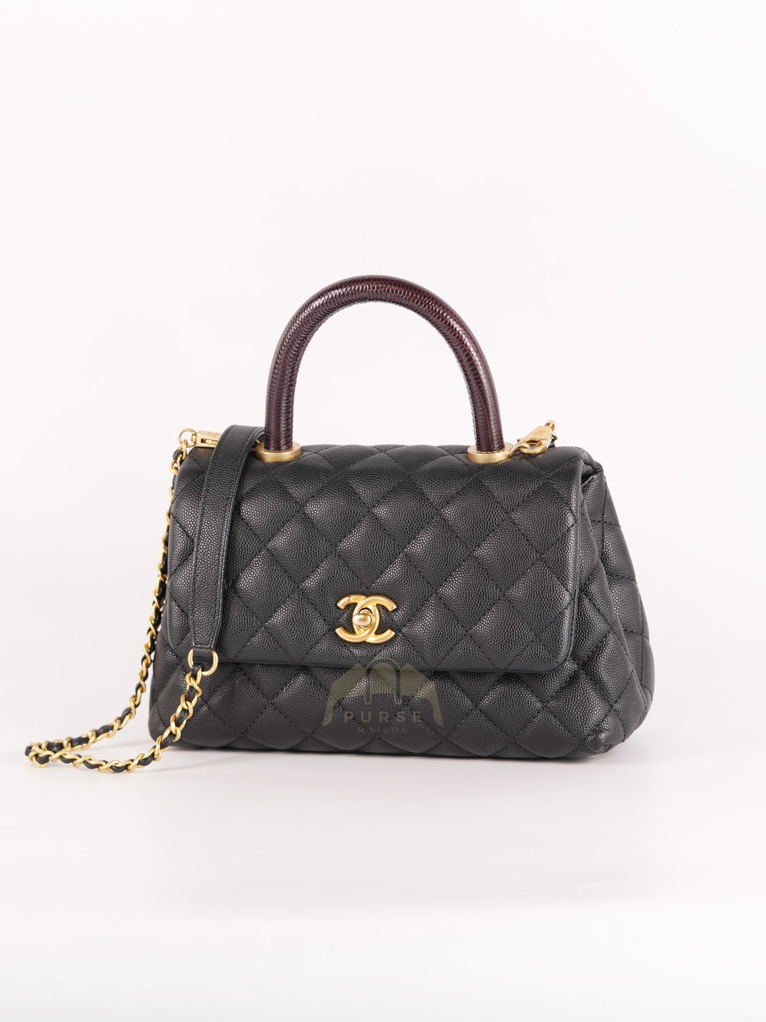 Coco Handle Small Black in Quilted Caviar Leather Lizard Top Handle and Aged Gold Hardware Series 29 | Purse Maison Luxury Bags Shop
