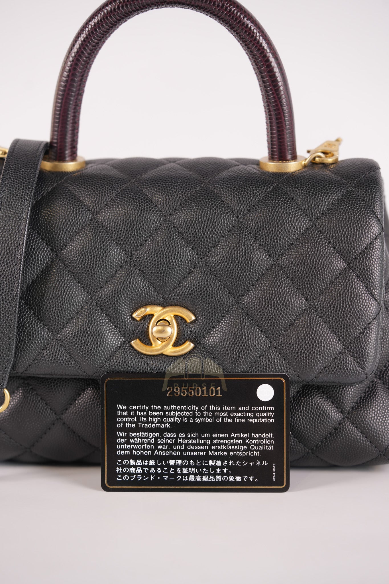 Coco Handle Small Black in Quilted Caviar Leather Lizard Top Handle and Aged Gold Hardware Series 29 | Purse Maison Luxury Bags Shop