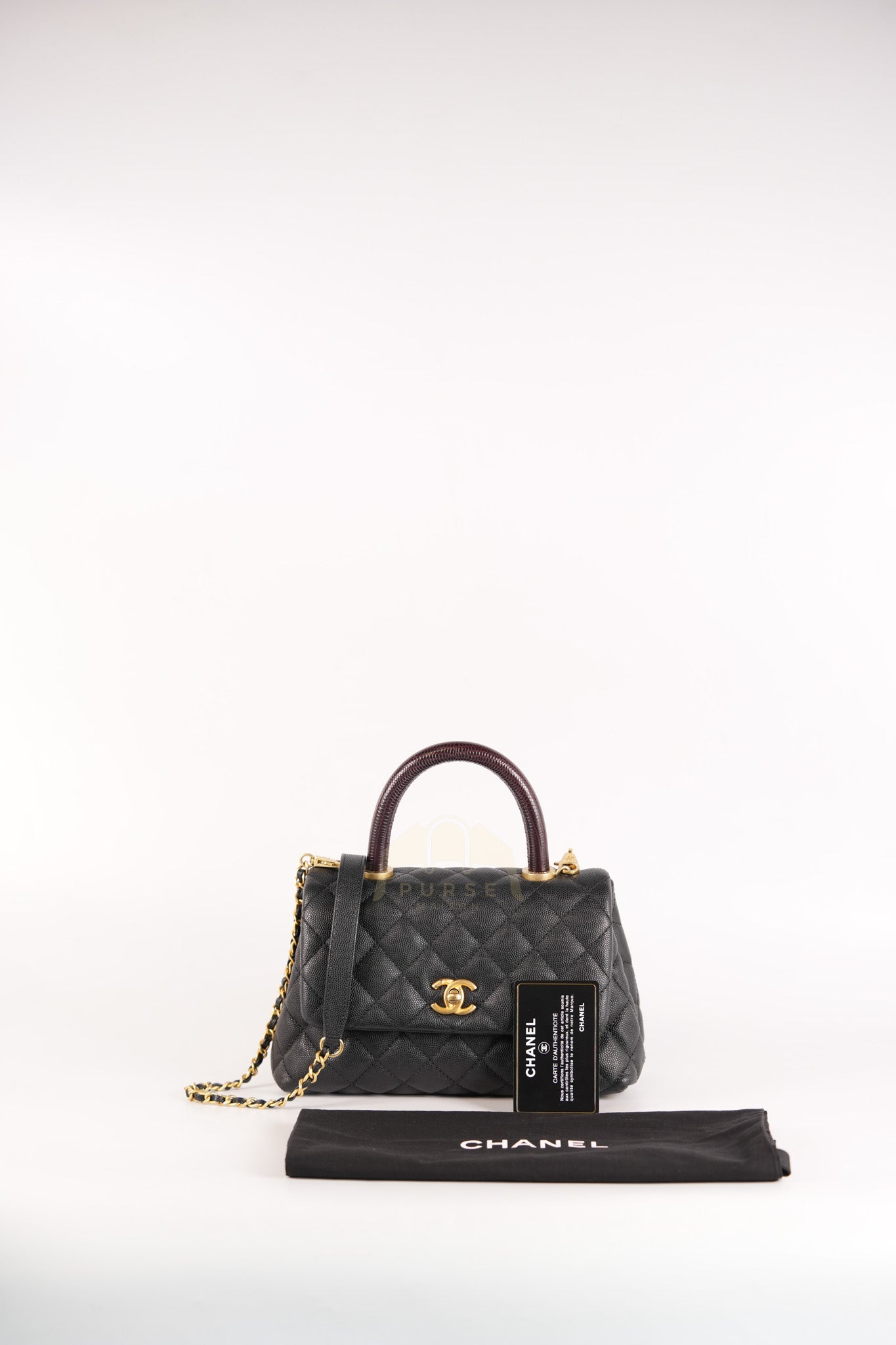 Coco Handle Small Black in Quilted Caviar Leather Lizard Top Handle and Aged Gold Hardware Series 29 | Purse Maison Luxury Bags Shop