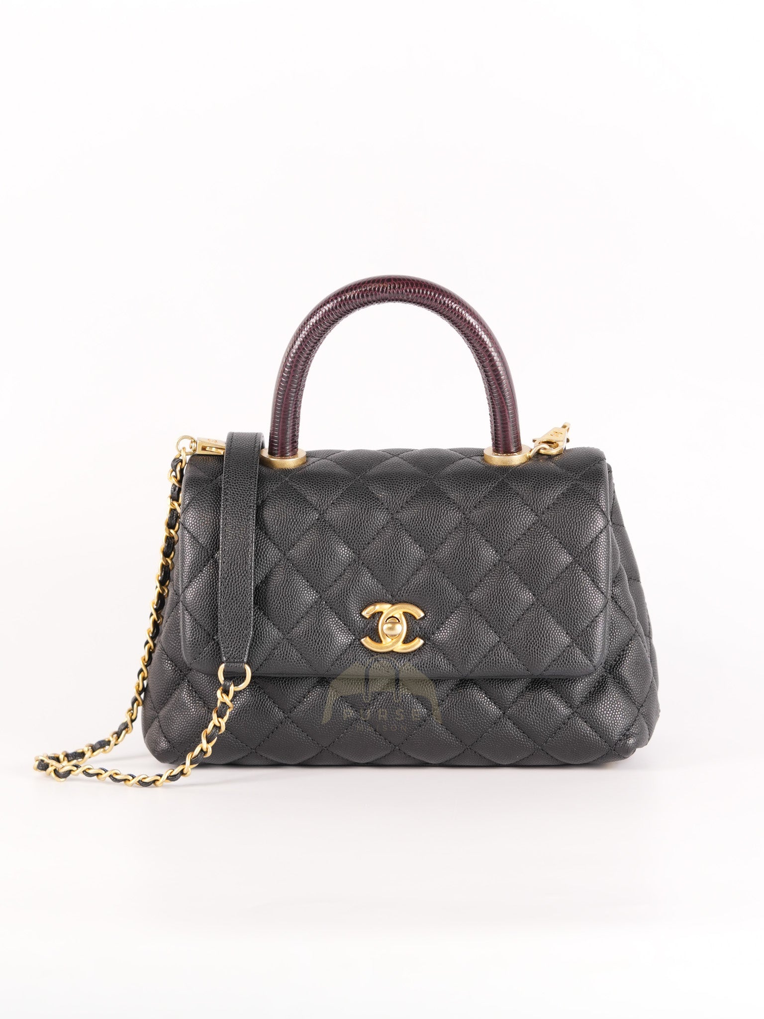 Coco Handle Small Black in Quilted Caviar Leather Lizard Top Handle and Aged Gold Hardware Series 29 | Purse Maison Luxury Bags Shop