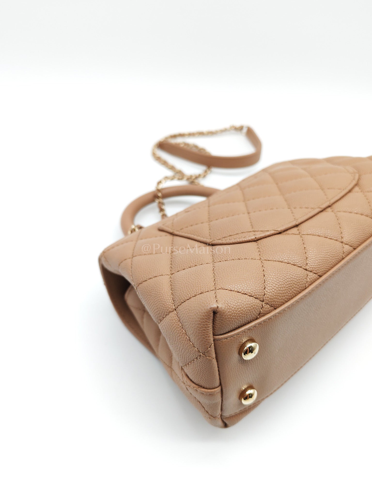 Coco Handle Small Dark Beige Caviar Leather in Light Gold Hardware (Microchip) | Purse Maison Luxury Bags Shop