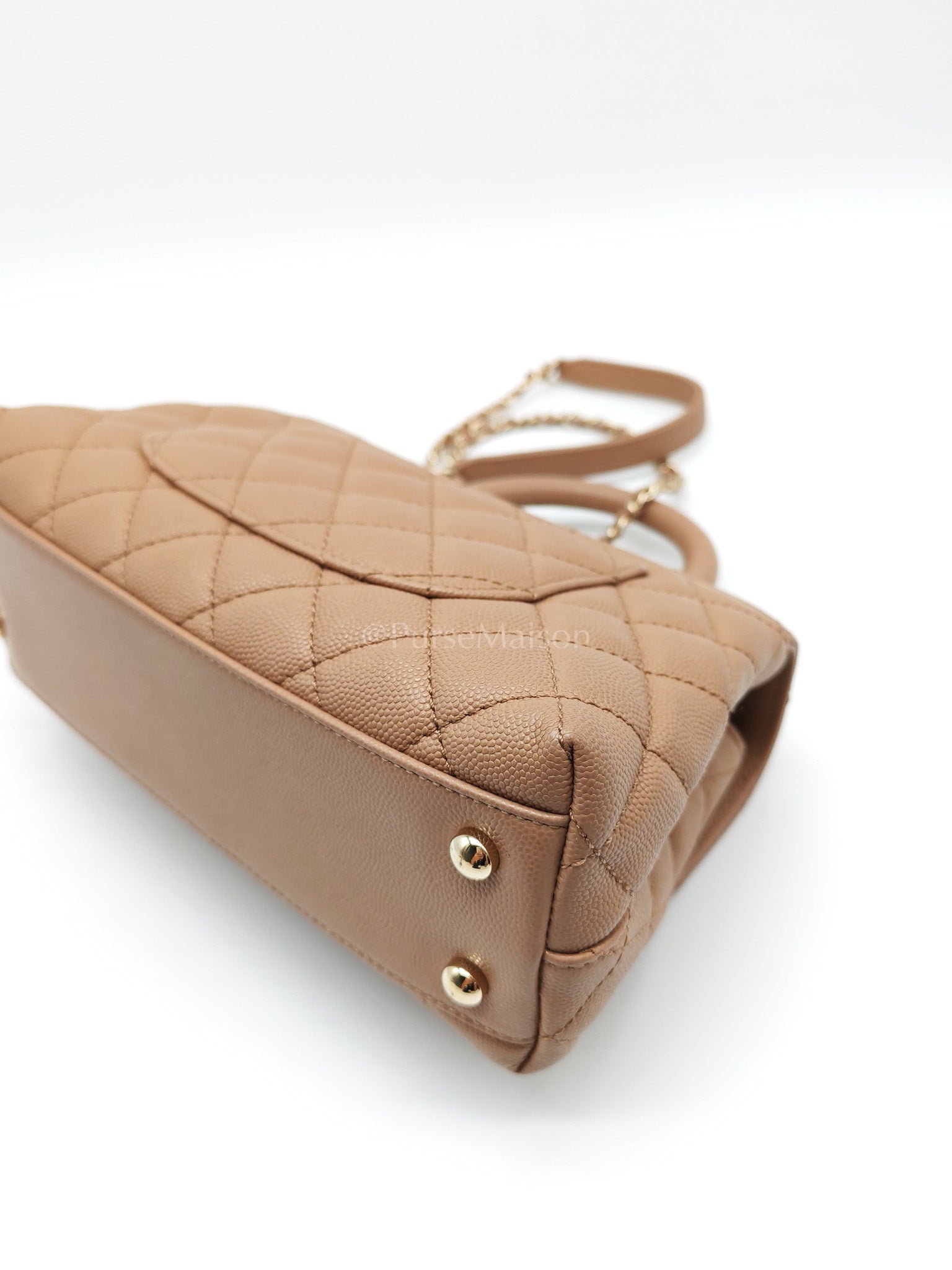Coco Handle Small Dark Beige Caviar Leather in Light Gold Hardware (Microchip) | Purse Maison Luxury Bags Shop