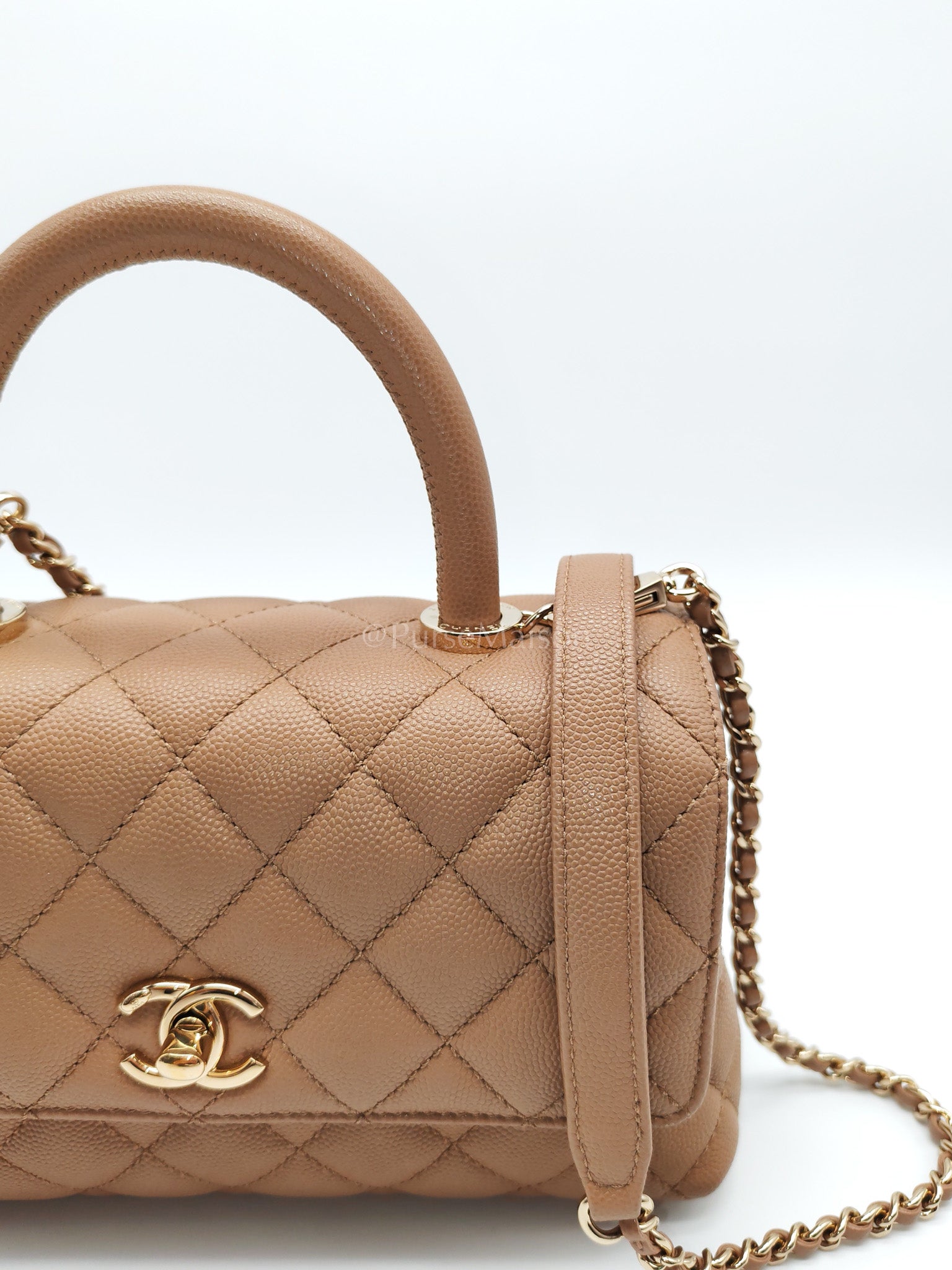 Coco Handle Small Dark Beige Caviar Leather in Light Gold Hardware (Microchip) | Purse Maison Luxury Bags Shop