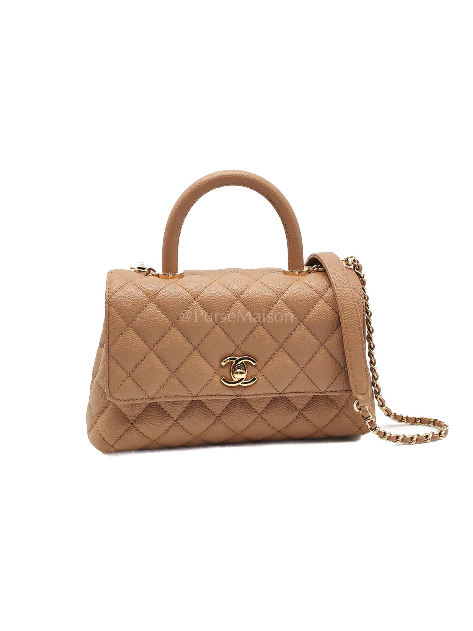 Coco Handle Small Dark Beige Caviar Leather in Light Gold Hardware (Microchip) | Purse Maison Luxury Bags Shop