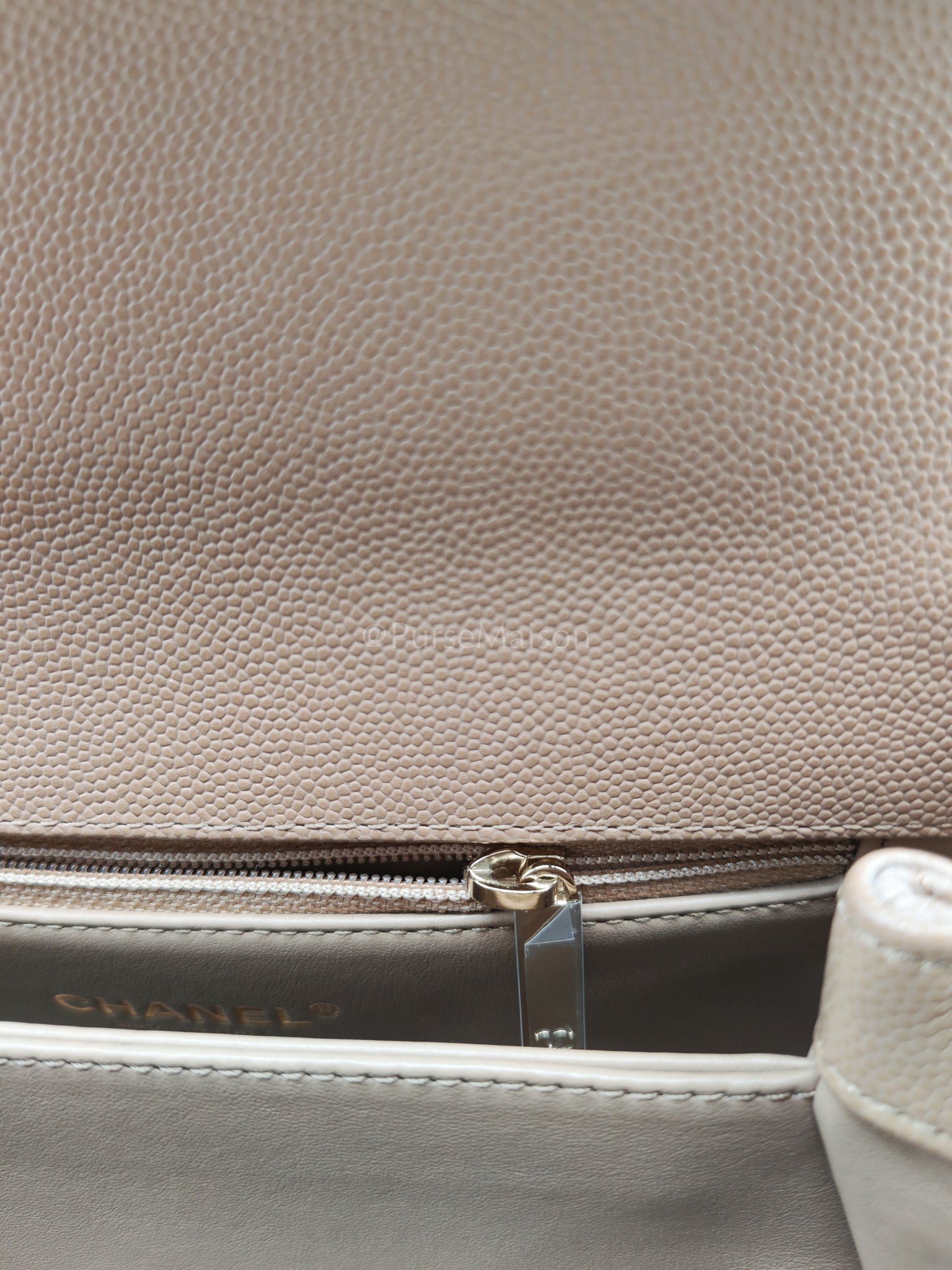 Coco Handle Small Dark Beige Caviar Leather in Light Gold Hardware (Microchip) | Purse Maison Luxury Bags Shop