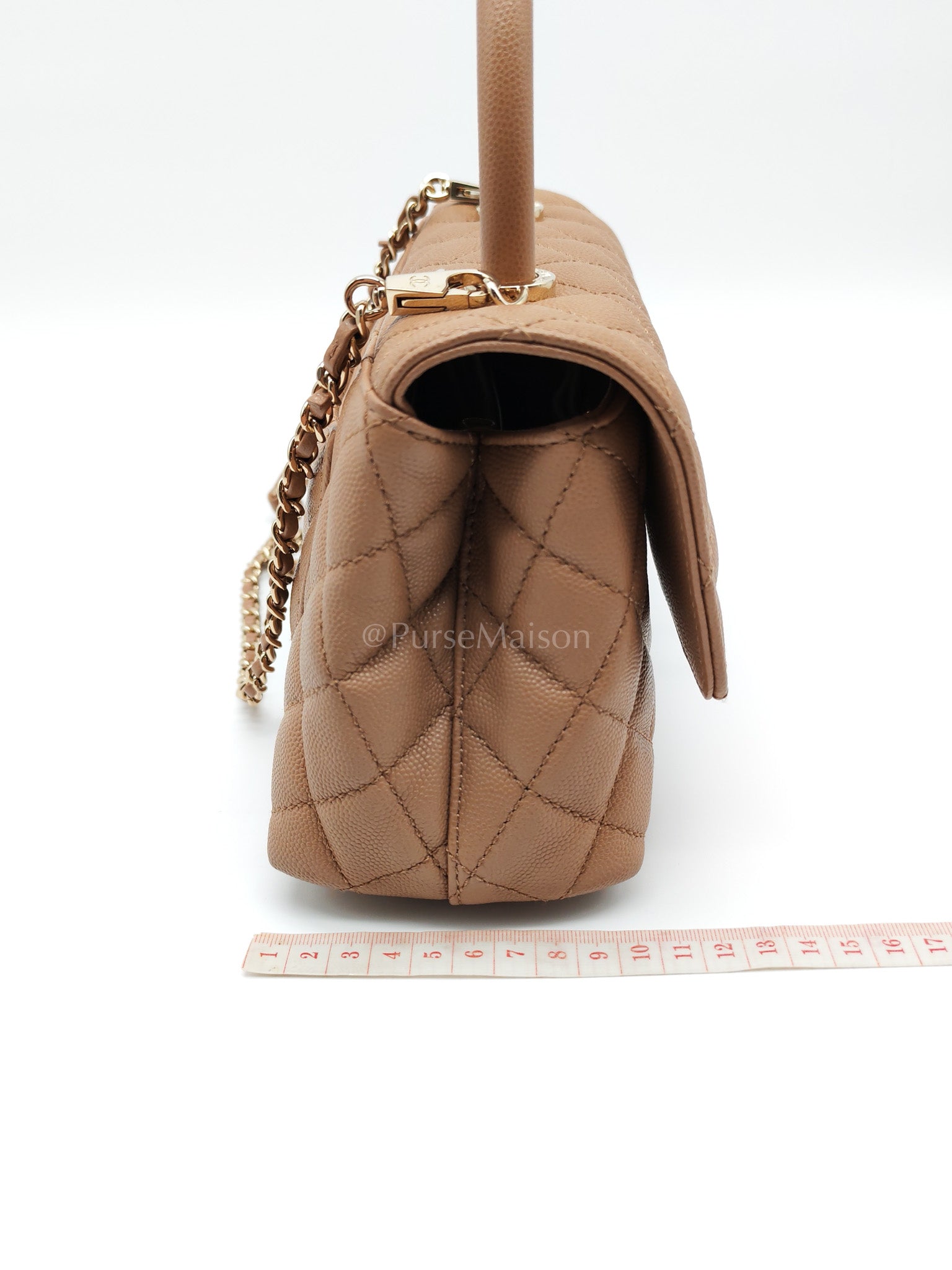 Coco Handle Small Dark Beige Caviar Leather in Light Gold Hardware (Microchip) | Purse Maison Luxury Bags Shop