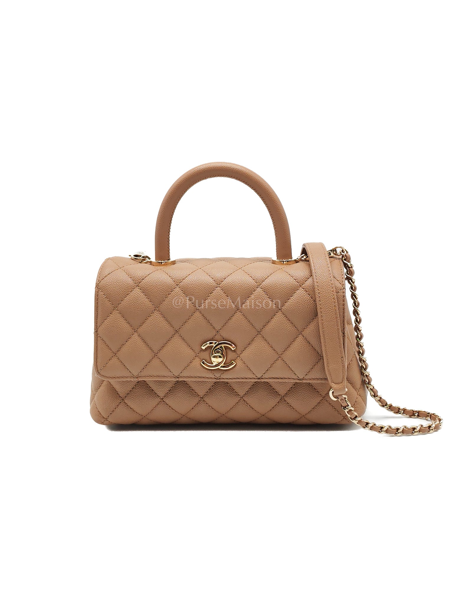 Coco Handle Small Dark Beige Caviar Leather in Light Gold Hardware (Microchip) | Purse Maison Luxury Bags Shop