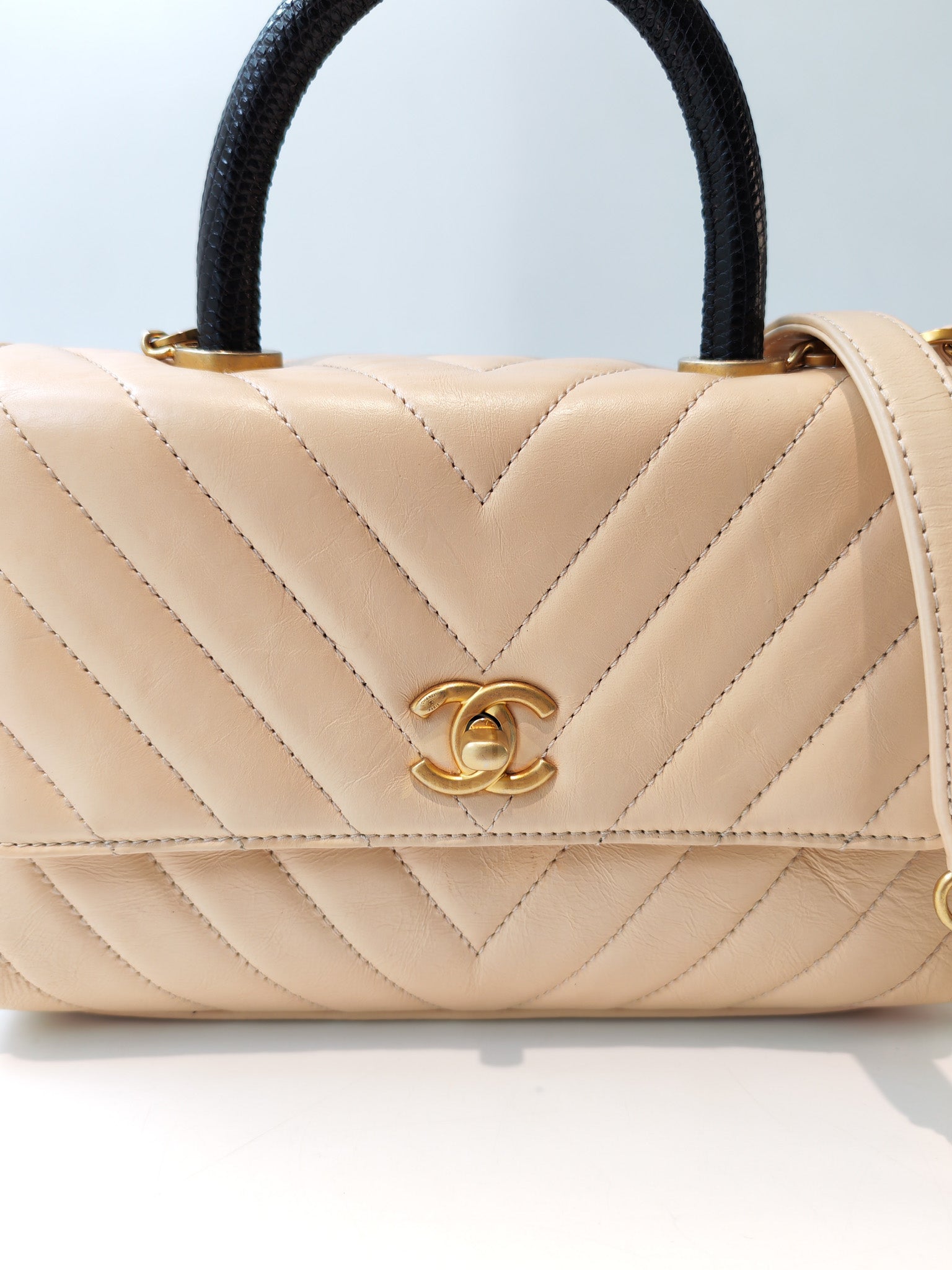 Coco Handle Small in Beige Lizard Embossed Handle & Aged Gold Hardware(Series 25) | Purse Maison Luxury Bags Shop