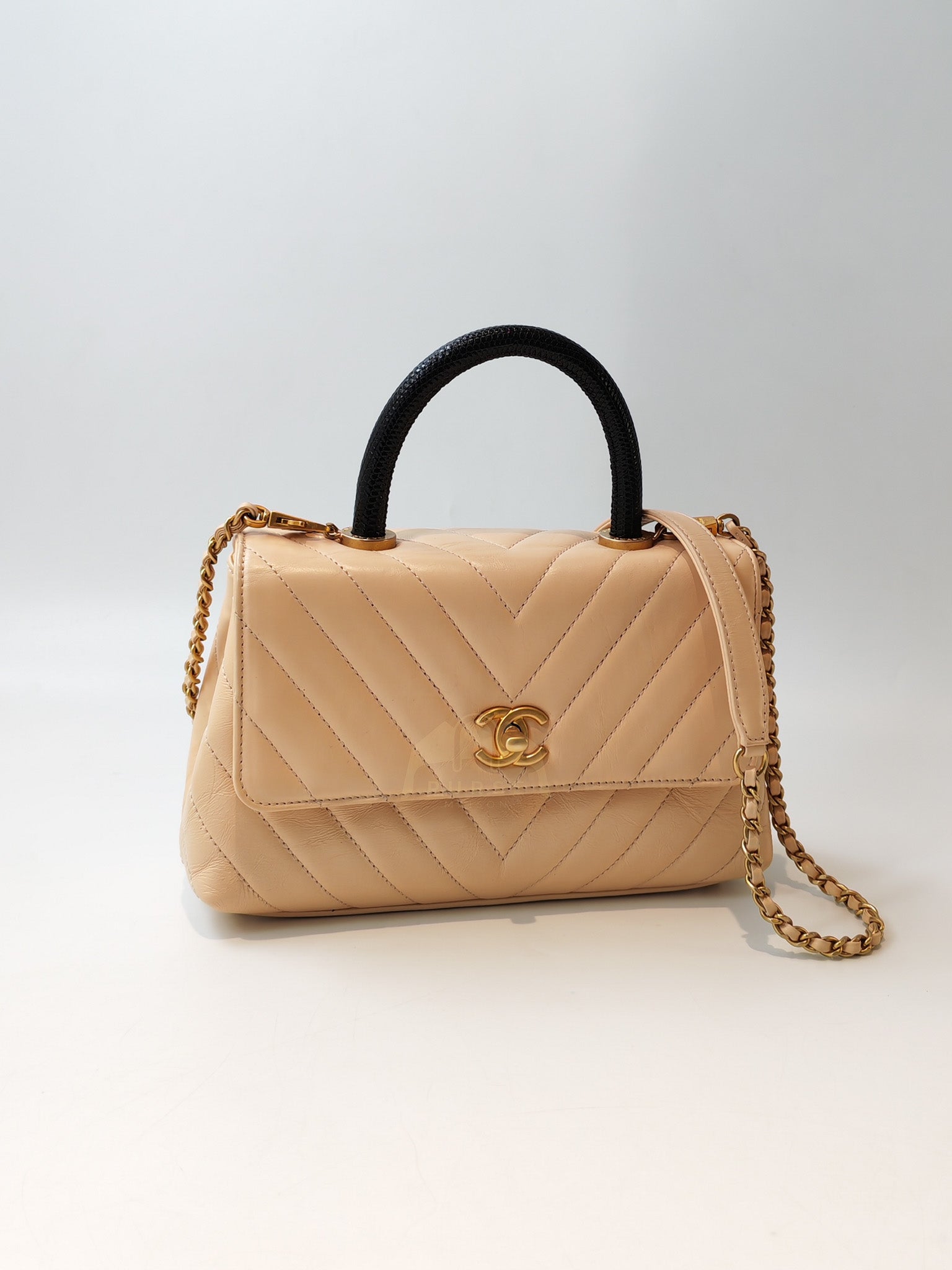 Coco Handle Small in Beige Lizard Embossed Handle & Aged Gold Hardware(Series 25) | Purse Maison Luxury Bags Shop