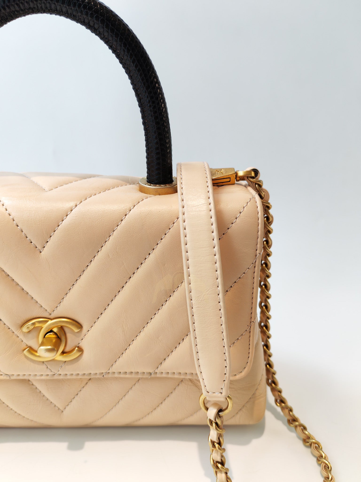 Coco Handle Small in Beige Lizard Embossed Handle & Aged Gold Hardware(Series 25) | Purse Maison Luxury Bags Shop