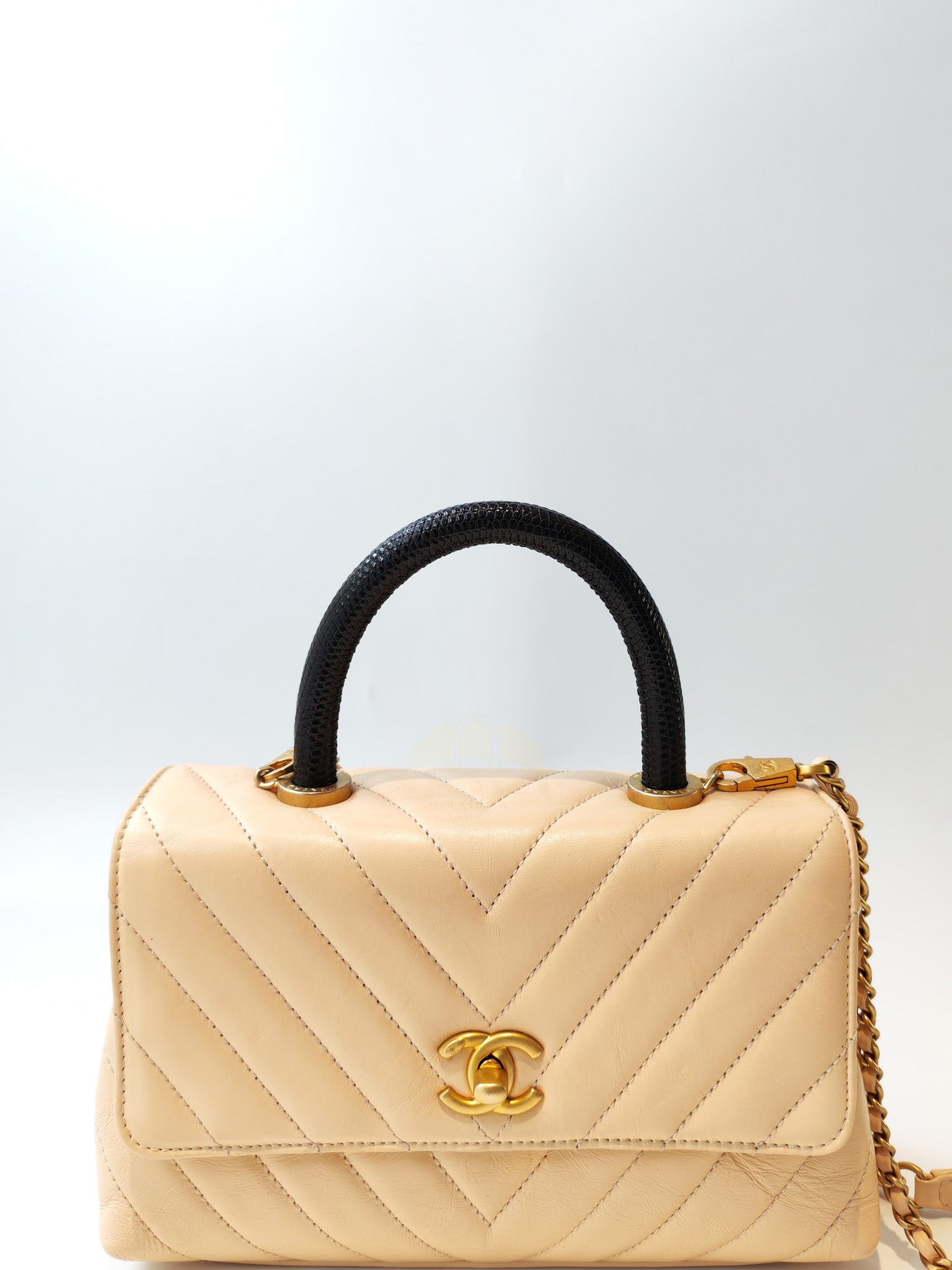 Coco Handle Small in Beige Lizard Embossed Handle & Aged Gold Hardware(Series 25) | Purse Maison Luxury Bags Shop