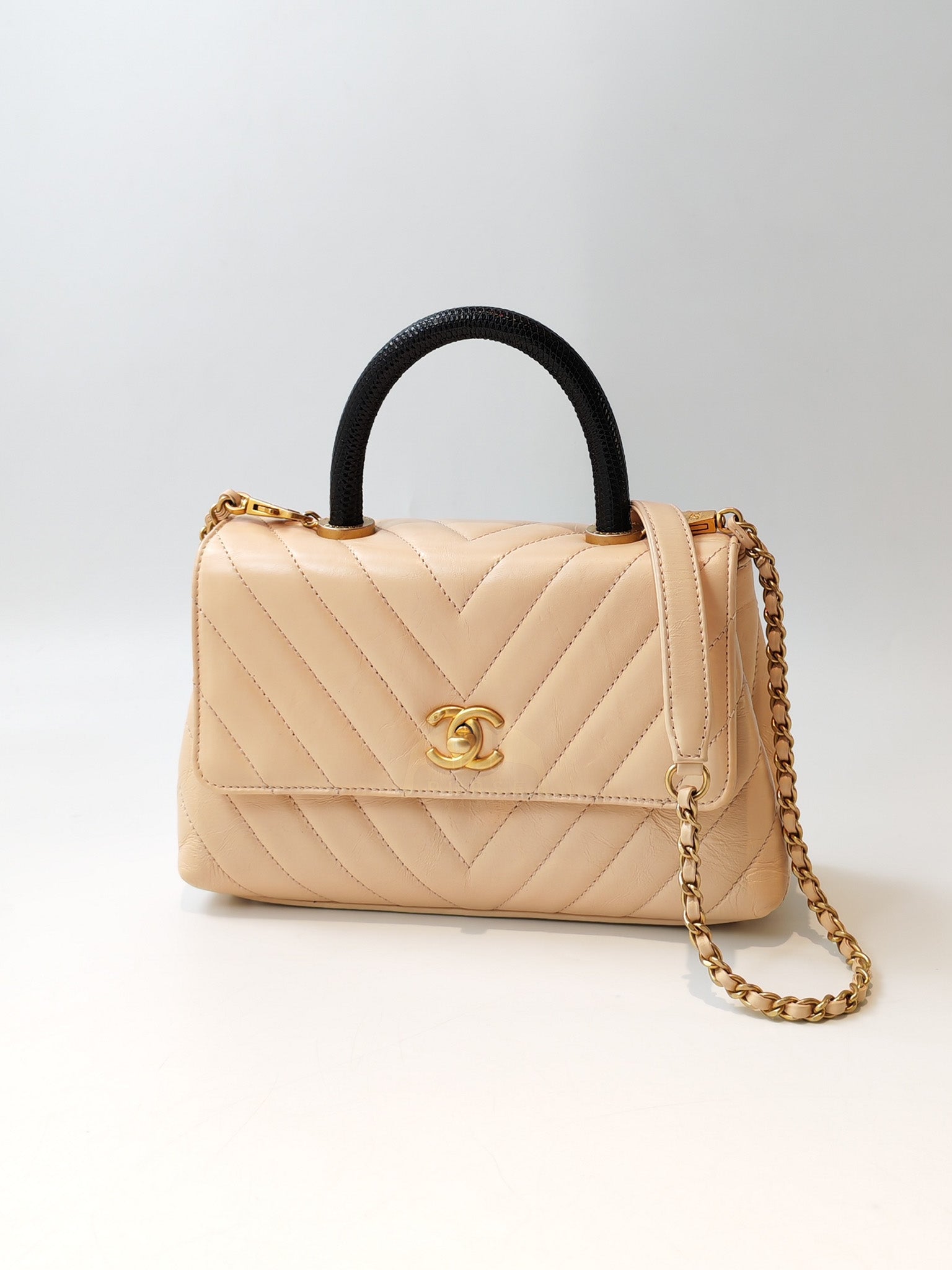 Coco Handle Small in Beige Lizard Embossed Handle & Aged Gold Hardware(Series 25) | Purse Maison Luxury Bags Shop