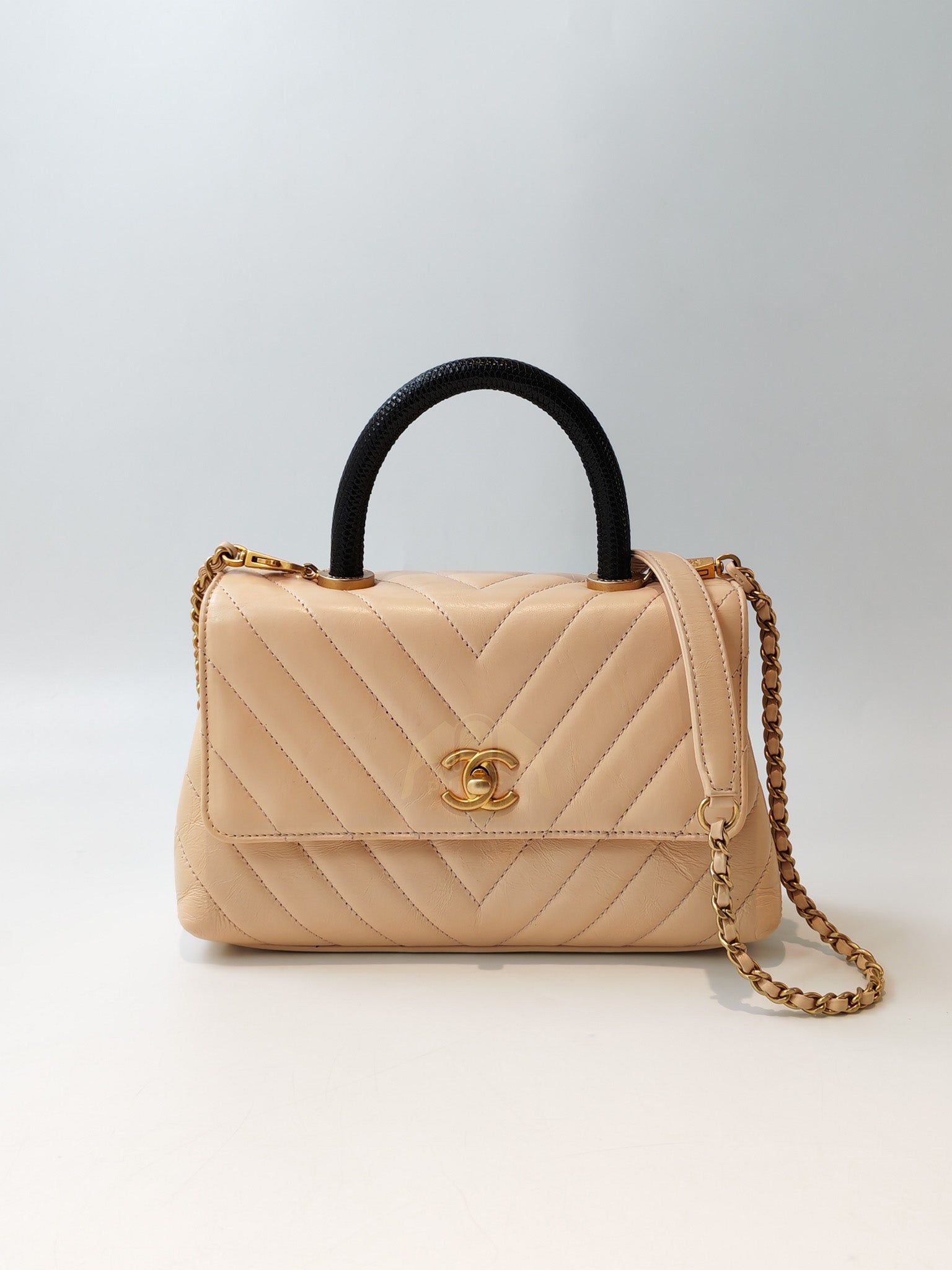 Coco Handle Small in Beige Lizard Embossed Handle & Aged Gold Hardware(Series 25) | Purse Maison Luxury Bags Shop