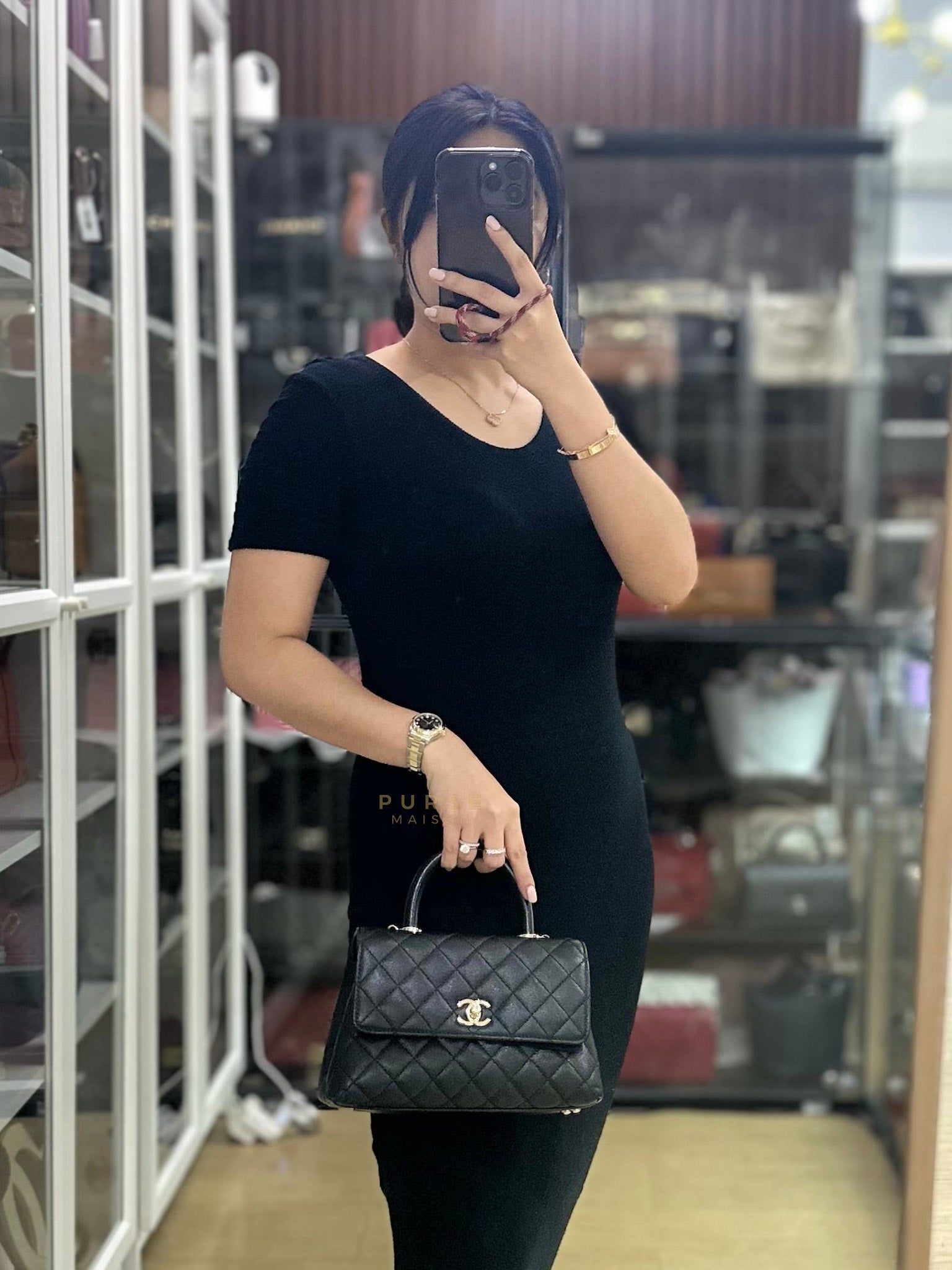 Coco Handle Small Black in Caviar Leather and Light Gold Hardware Microchip | Purse Maison Luxury Bags Shop