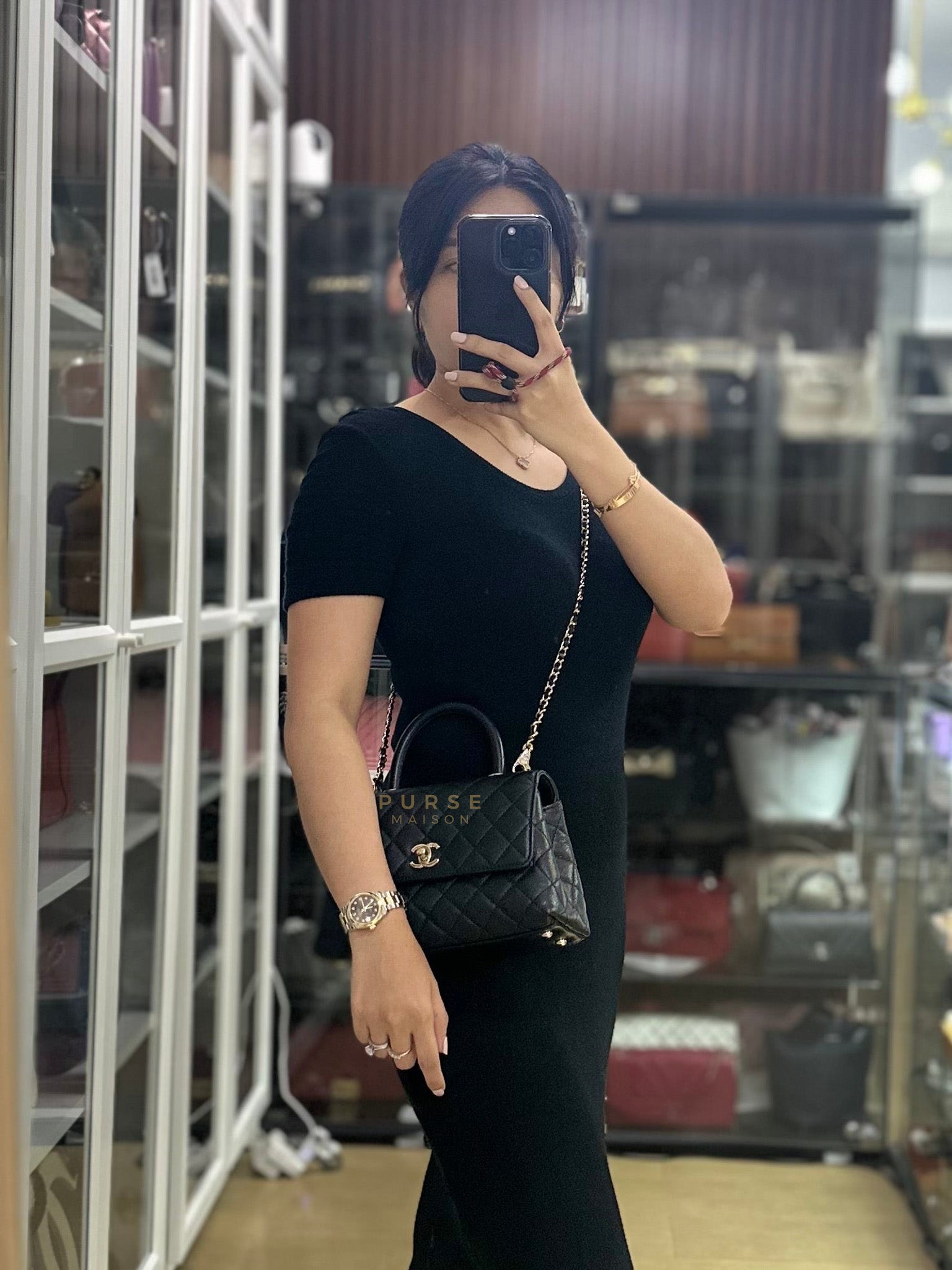 Coco Handle Small Black in Caviar Leather and Light Gold Hardware Microchip | Purse Maison Luxury Bags Shop