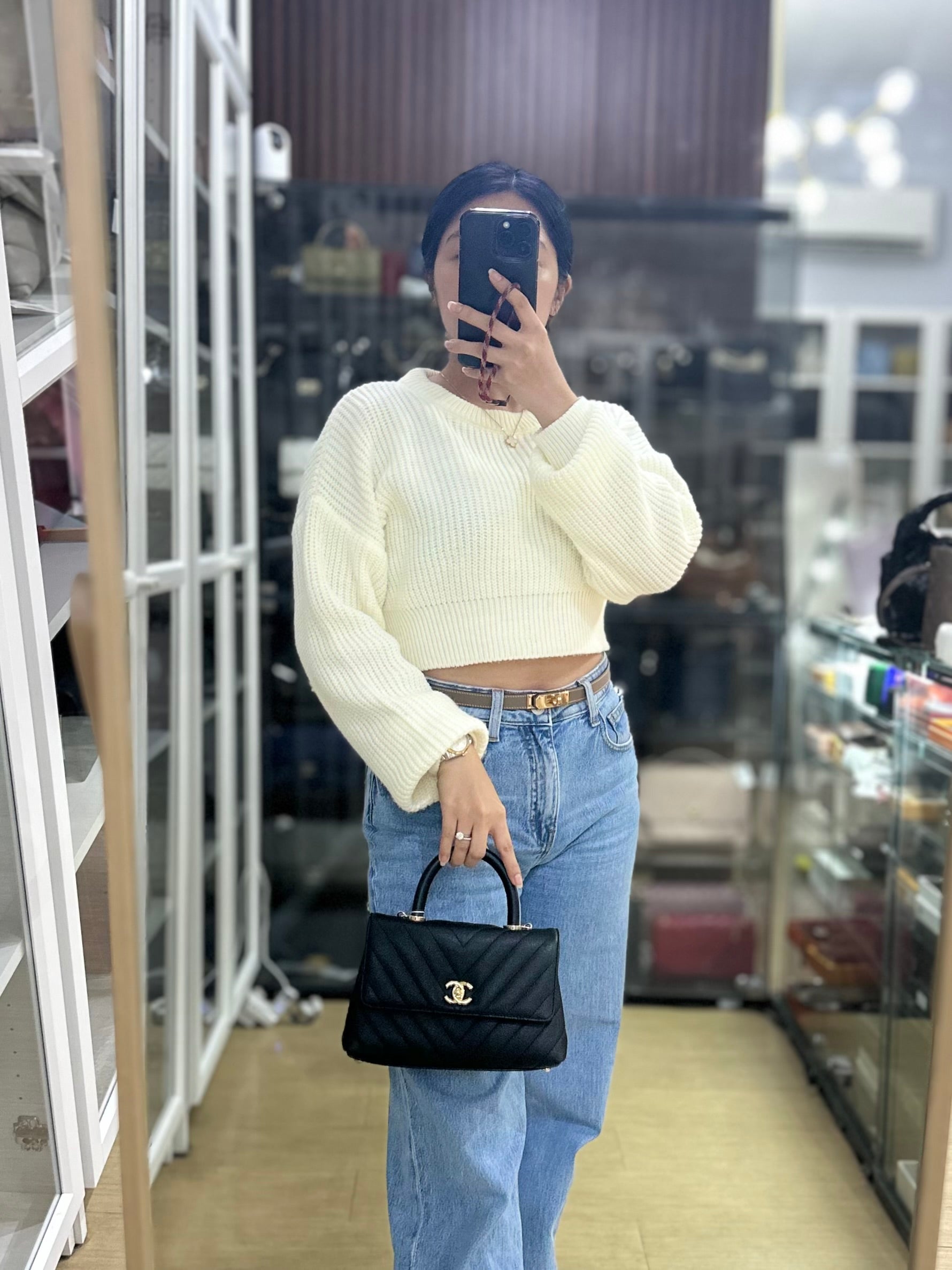 Coco Handle Small Lizard Handle Black Chevron in Shiny Calfskin and Aged Gold Hardware Series 25 | Purse Maison Luxury Bags Shop