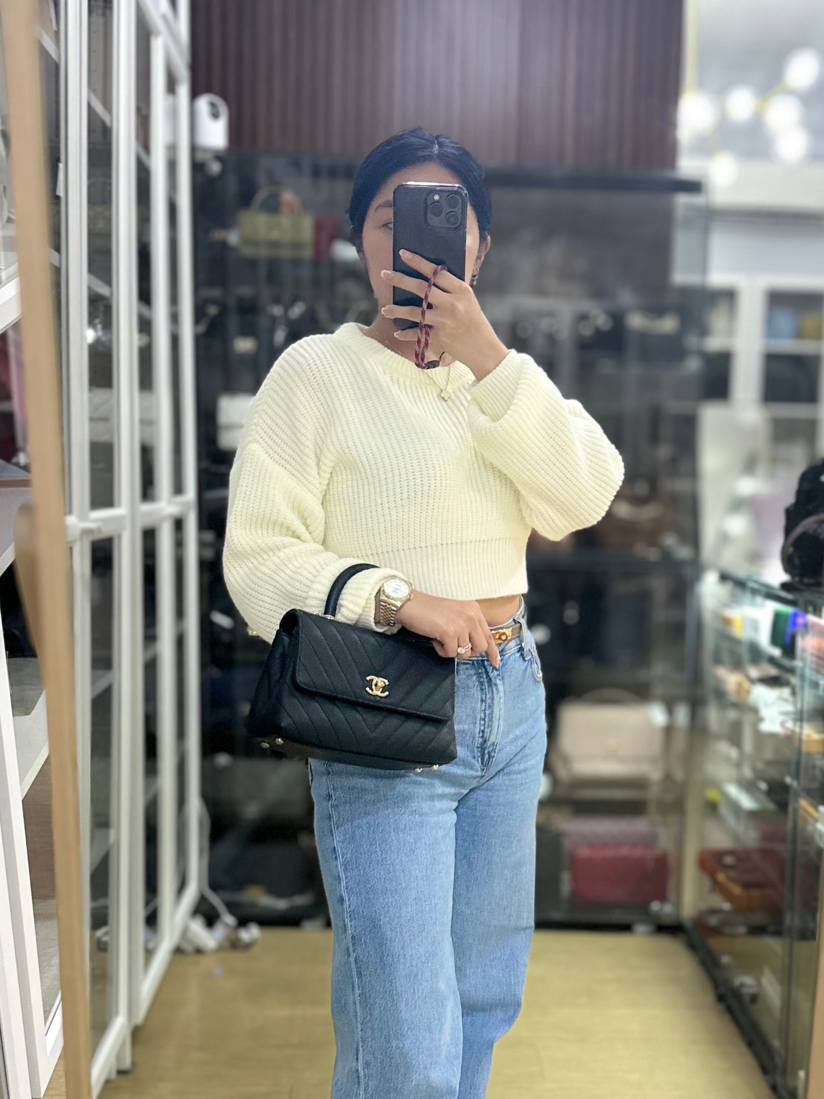 Coco Handle Small Lizard Handle Black Chevron in Shiny Calfskin and Aged Gold Hardware Series 25 | Purse Maison Luxury Bags Shop