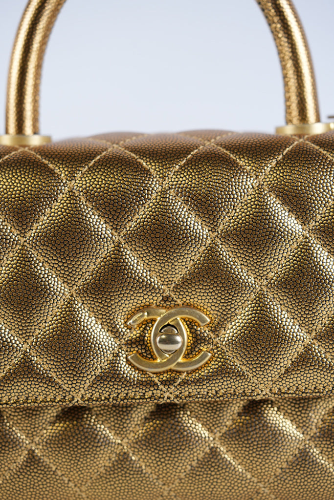 Coco Handle Small in Gold Quilted Caviar Leather and Aged Gold Hardware (Series 28) | Purse Maison Luxury Bags Shop