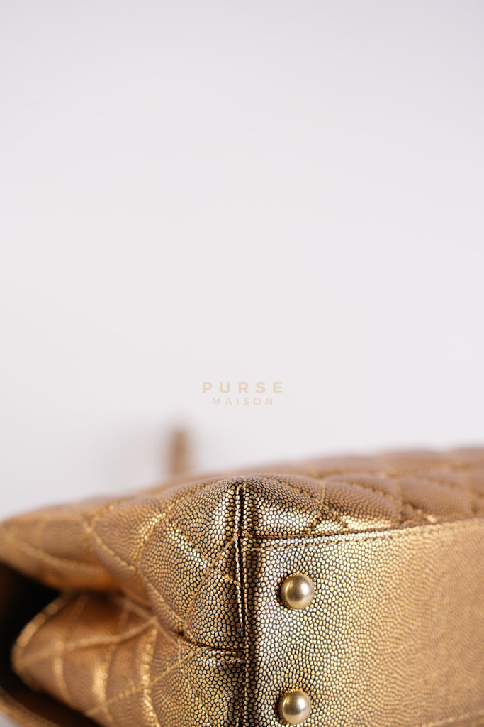 Coco Handle Small in Gold Quilted Caviar Leather and Aged Gold Hardware (Series 28) | Purse Maison Luxury Bags Shop