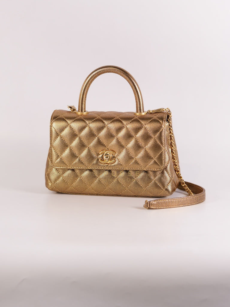 Coco Handle Small in Gold Quilted Caviar Leather and Aged Gold Hardware (Series 28) | Purse Maison Luxury Bags Shop