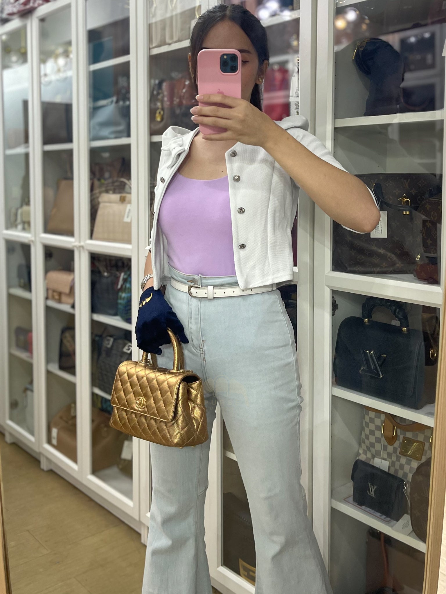 Coco Handle Small in Gold Quilted Caviar Leather and Aged Gold Hardware (Series 28) | Purse Maison Luxury Bags Shop