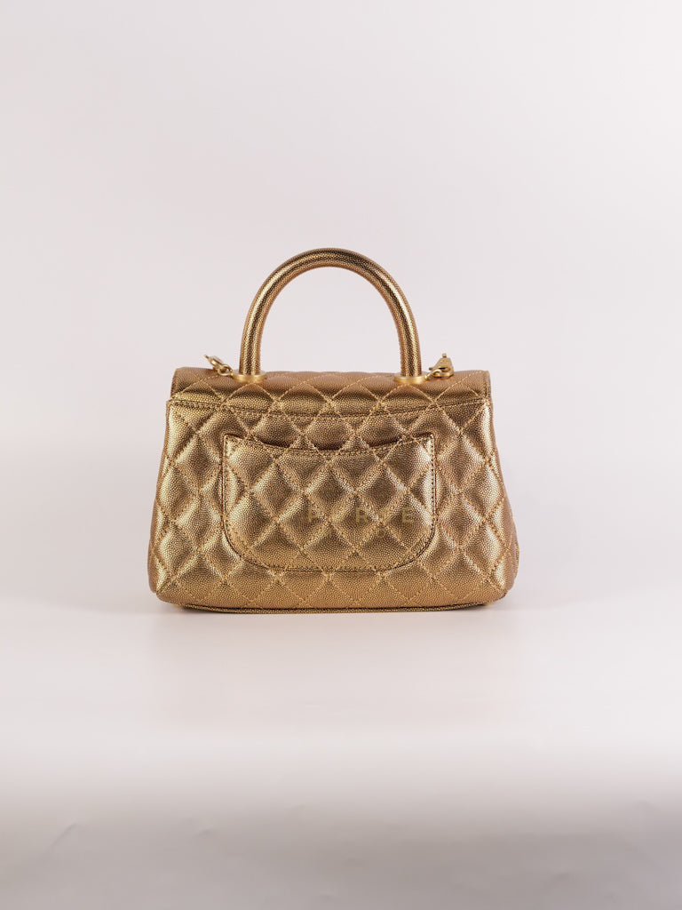 Coco Handle Small in Gold Quilted Caviar Leather and Aged Gold Hardware (Series 28) | Purse Maison Luxury Bags Shop